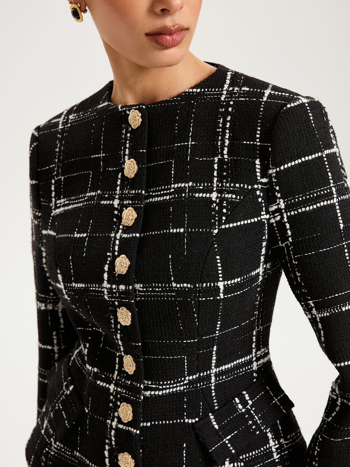 Tweed Plaid Metal-Button Blazer