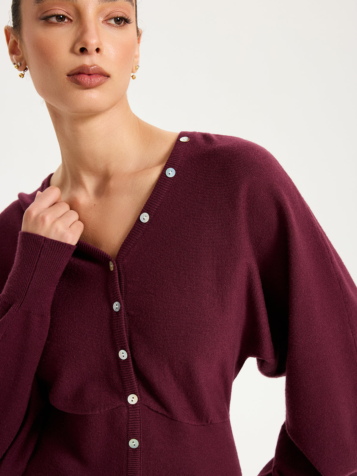 V-Neck Long Sleeve Waist-Cinched Buttoned Cardigan