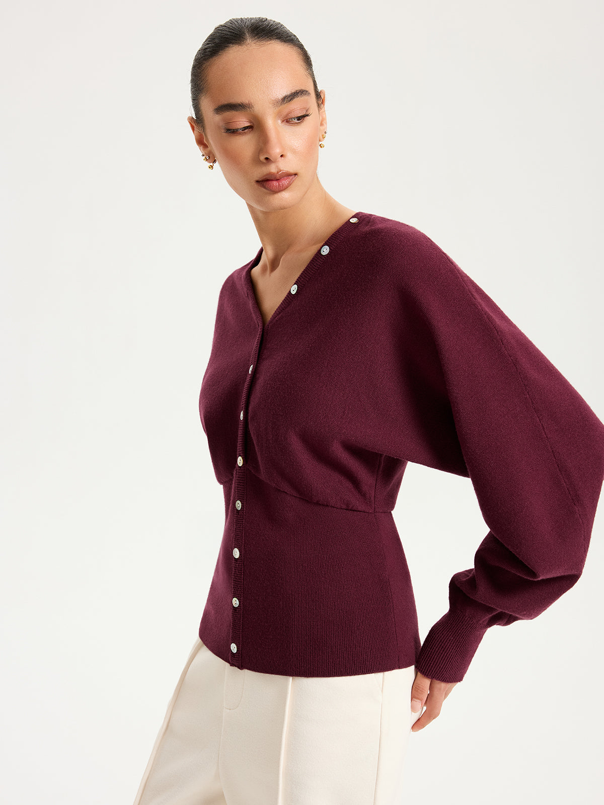 V-Neck Long Sleeve Waist-Cinched Buttoned Cardigan