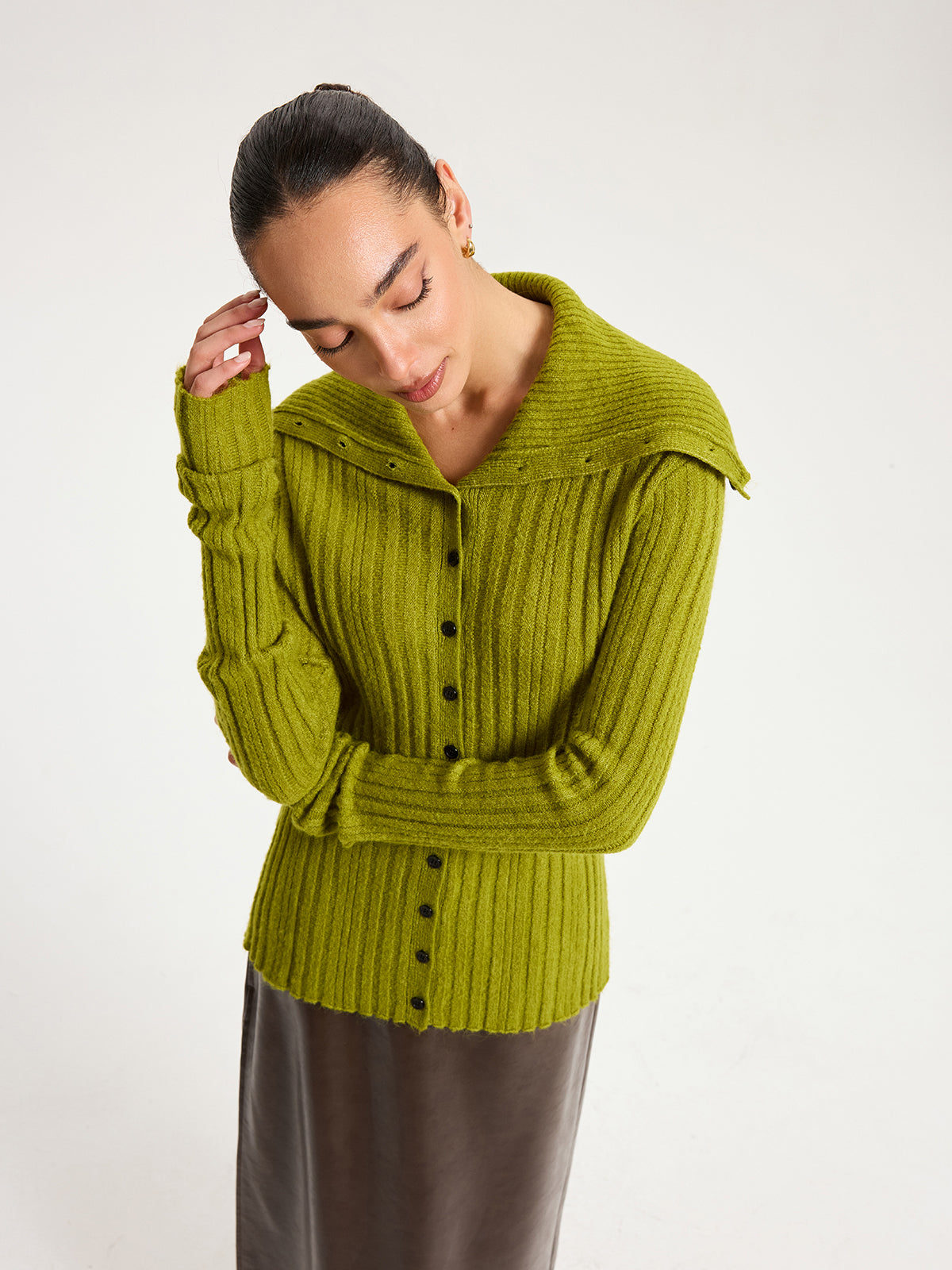 Shawl Collar Wool-Blend Ribbed Cardigan