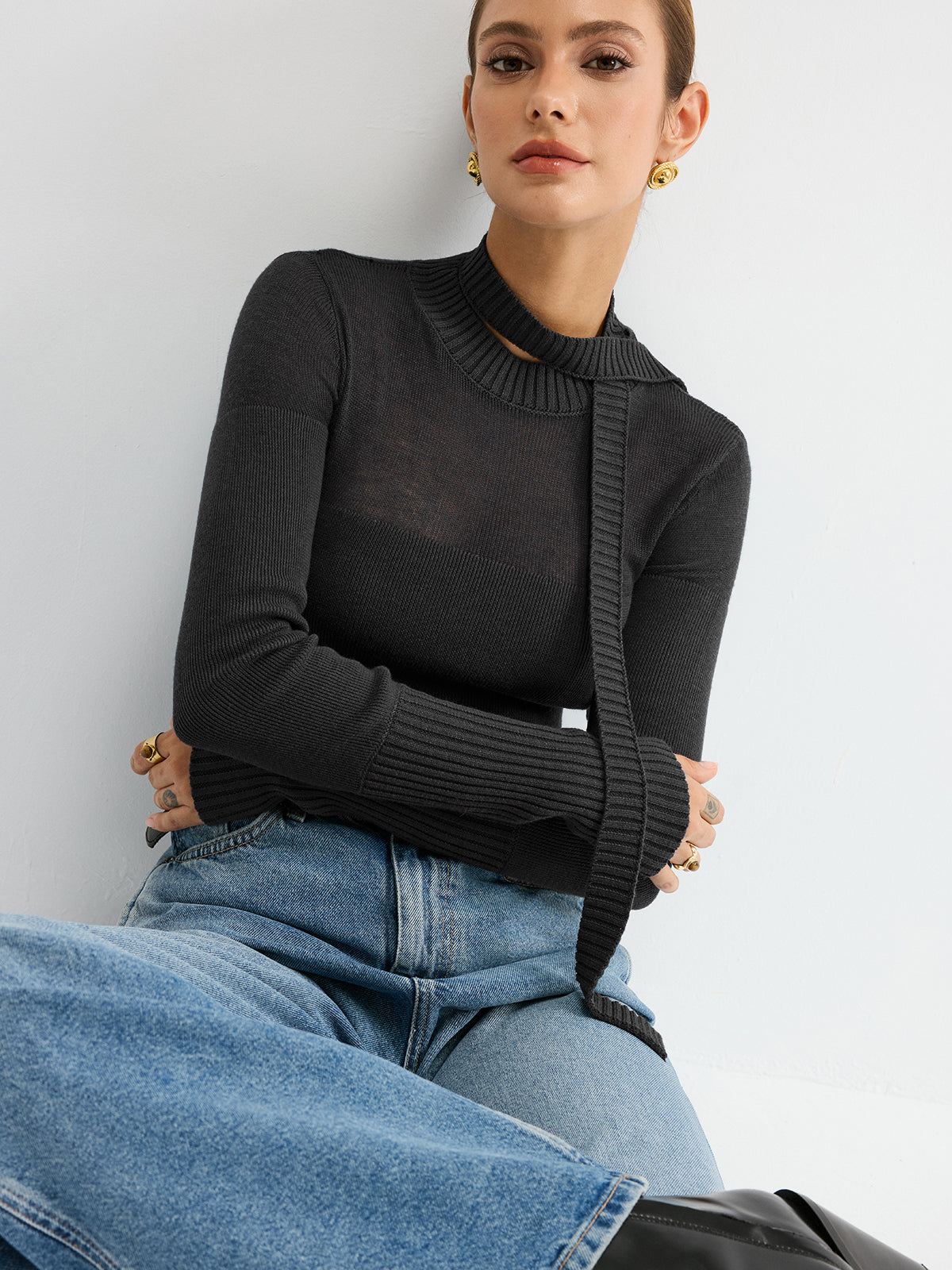 Sheer Panel Tie Neck Wool Blend Knit Top