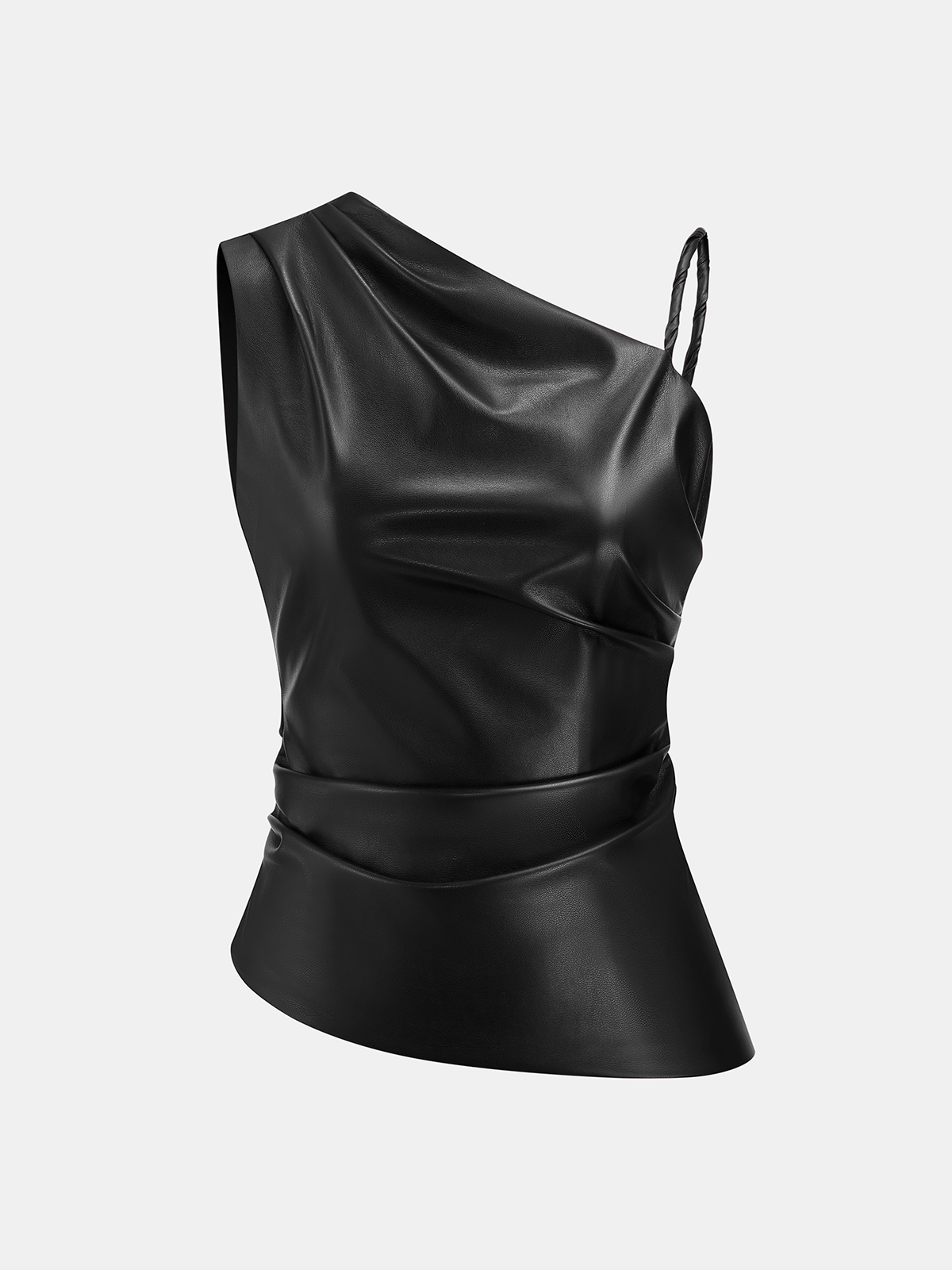 Faux Leather Asymmetric Ruched Top