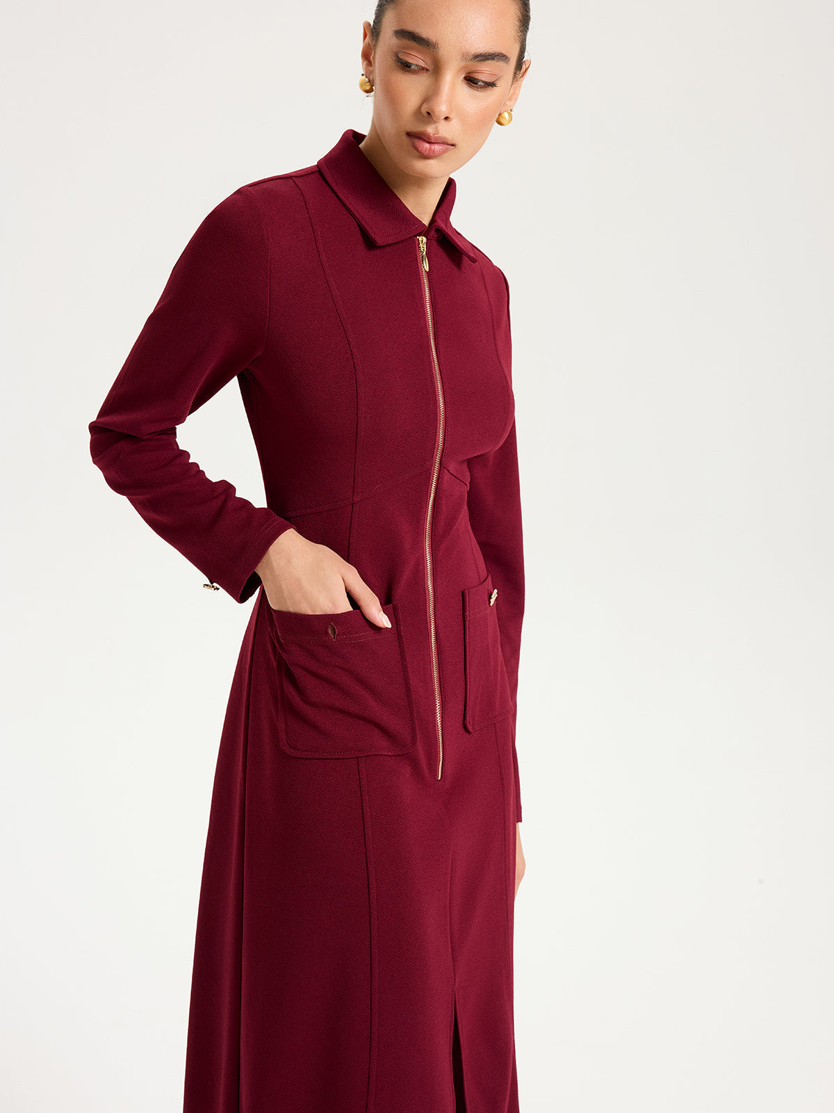 Collared Zipper Slit Midi Dress
