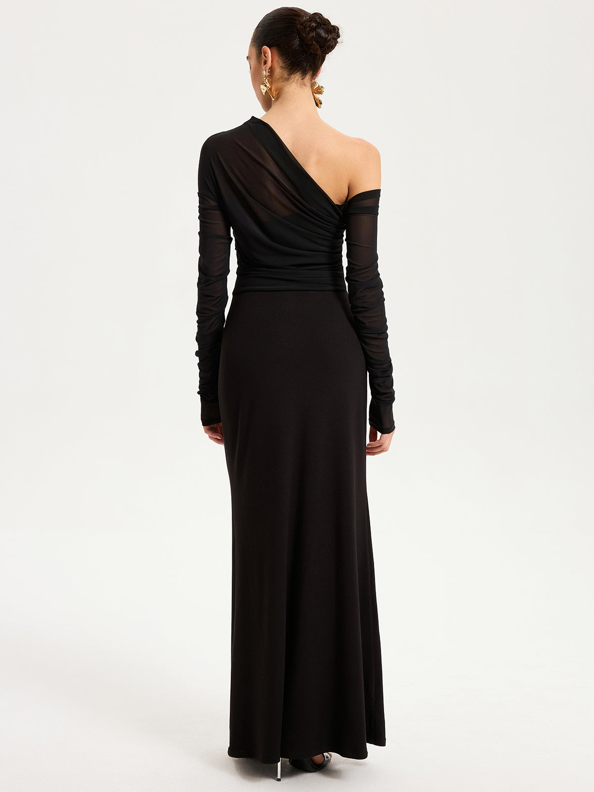 One-Shoulder Sheer Ruched Long Sleeve Maxi Dress