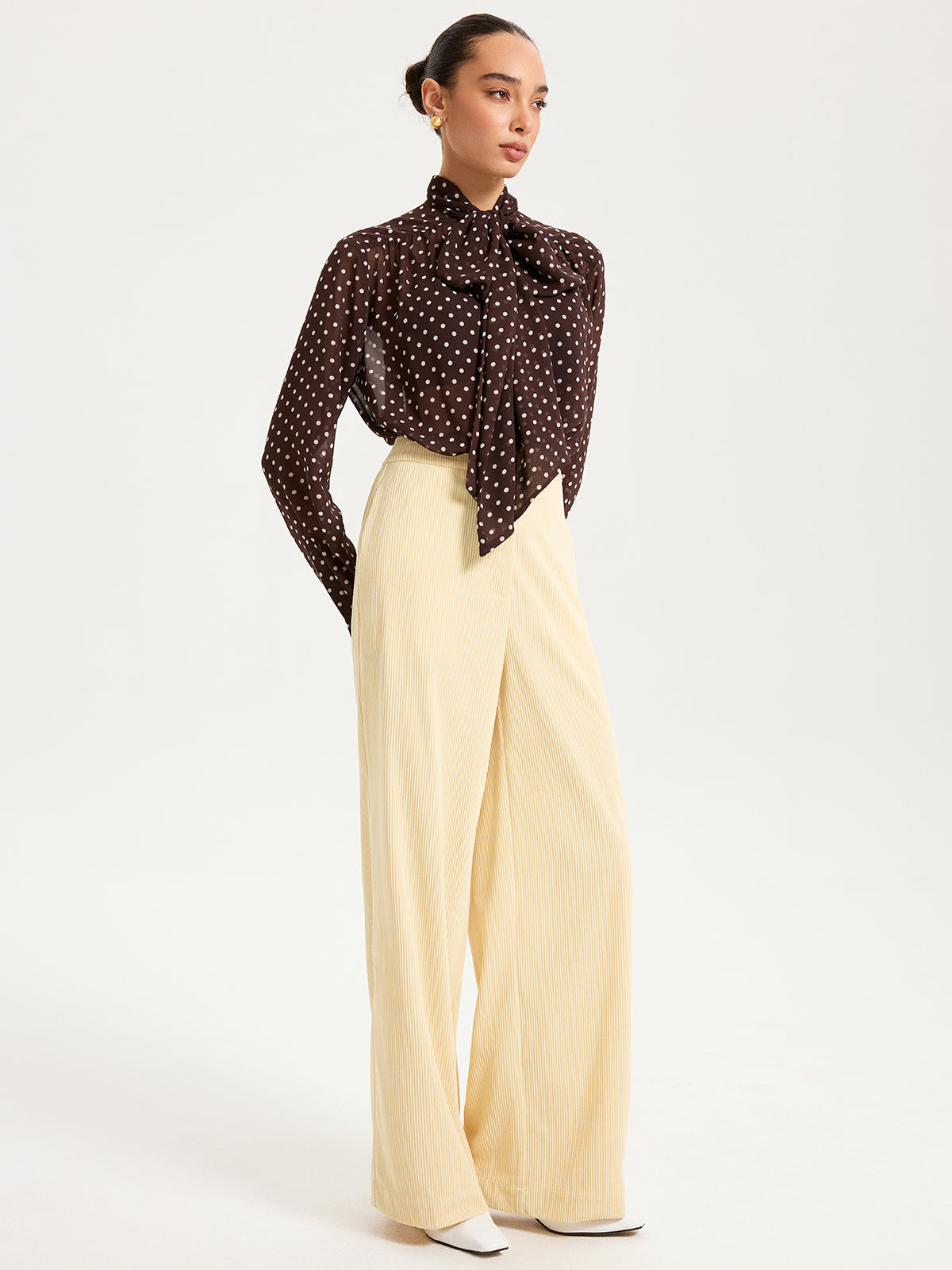 Semi-Sheer Polka Dot Chiffon Bow Blouse
