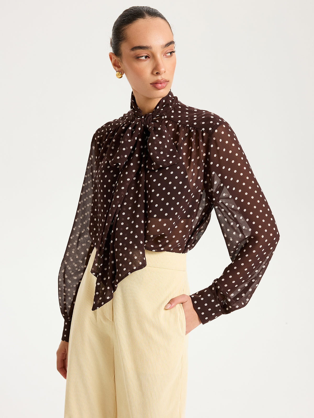 Halbtransparente Chiffon-Bluse mit Polka Dots und Schleife