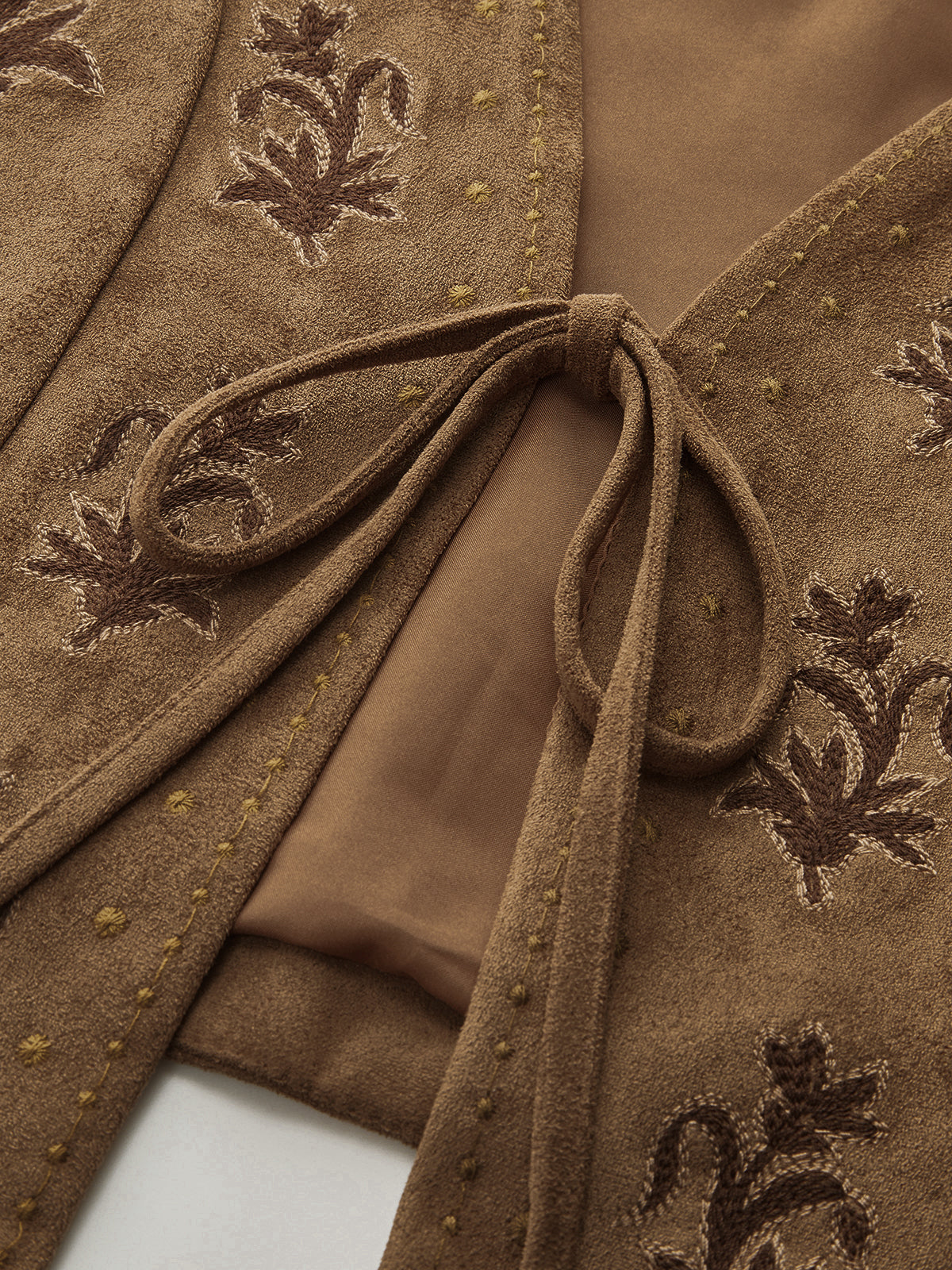 Suede Effect Embroidered Tie-Front Vest
