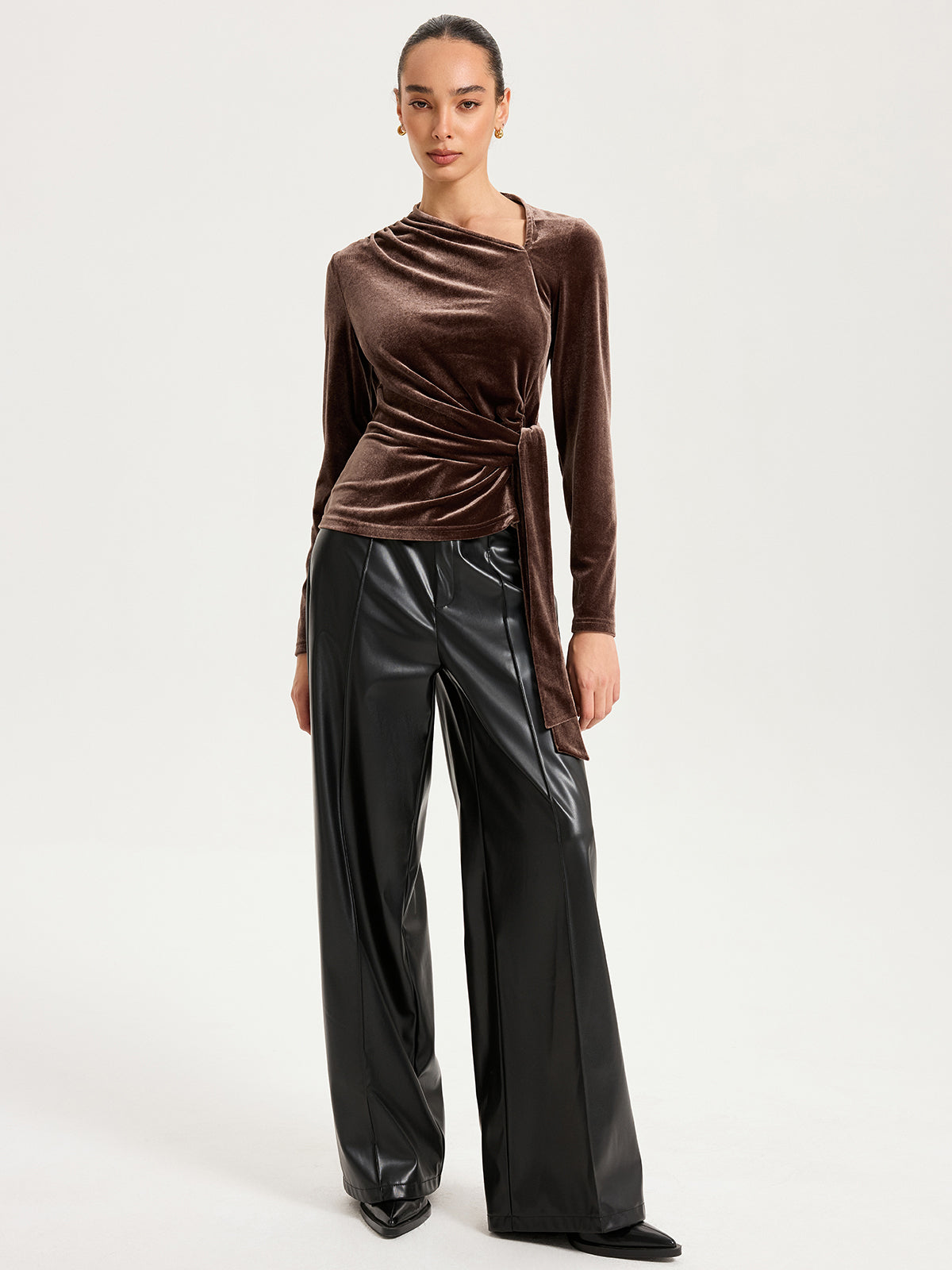 Long Sleeve Knot-Tie Velvet Asymmetric Top