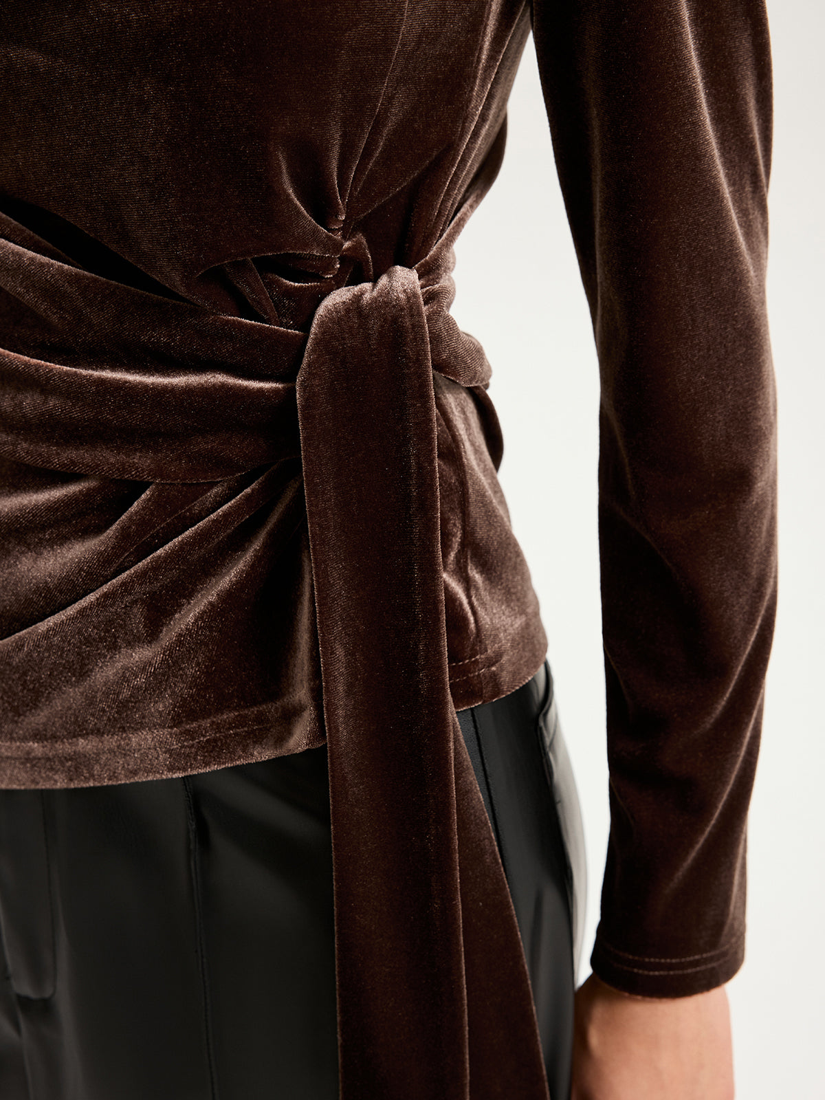 Long Sleeve Knot-Tie Velvet Asymmetric Top