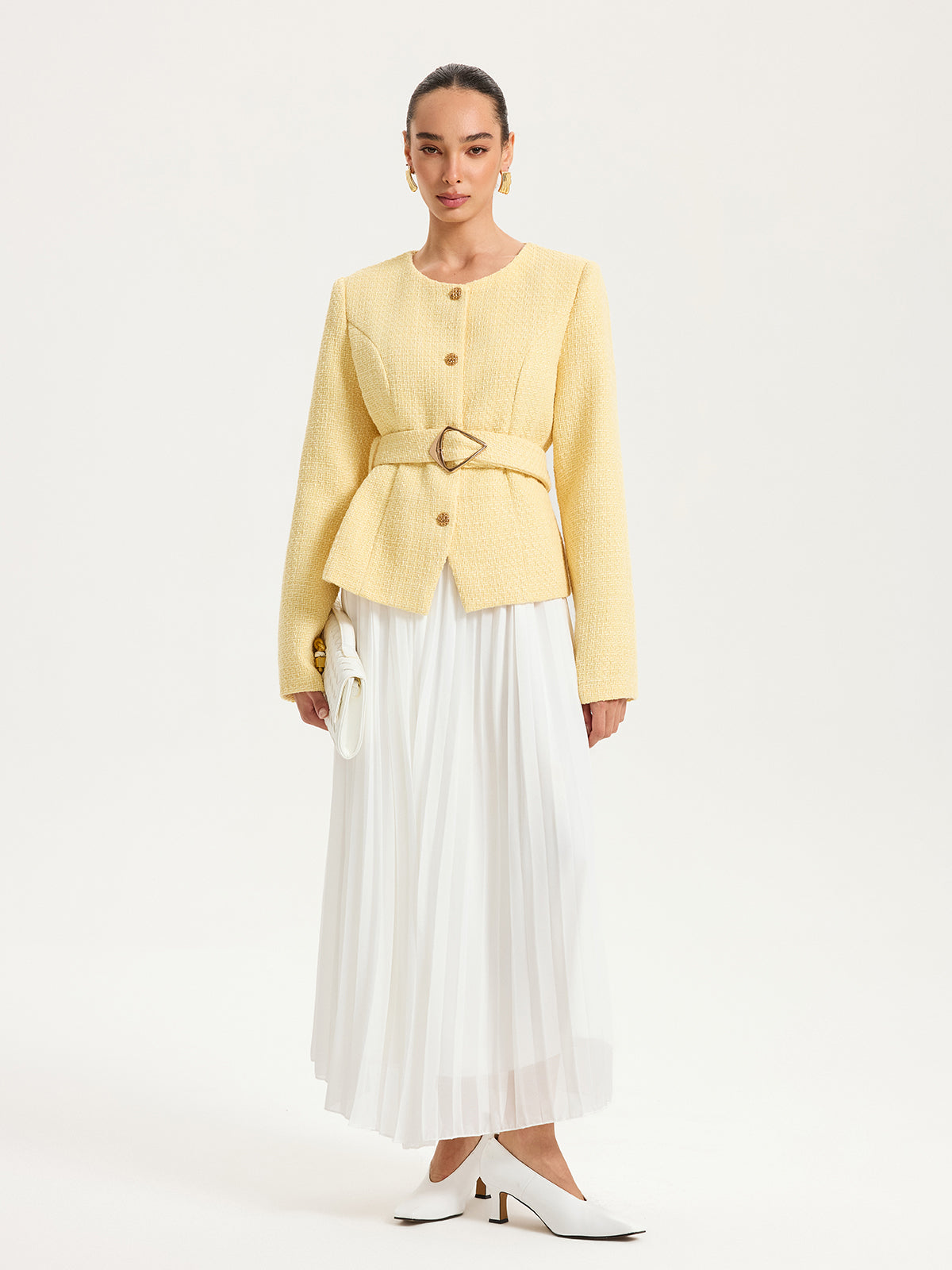 Tweed-Blazer mit Gürtel und Knopfleiste