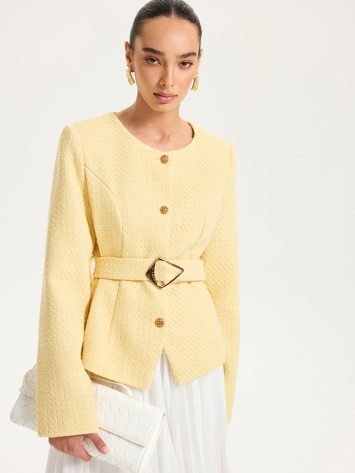 Tweed-Blazer mit Gürtel und Knopfleiste