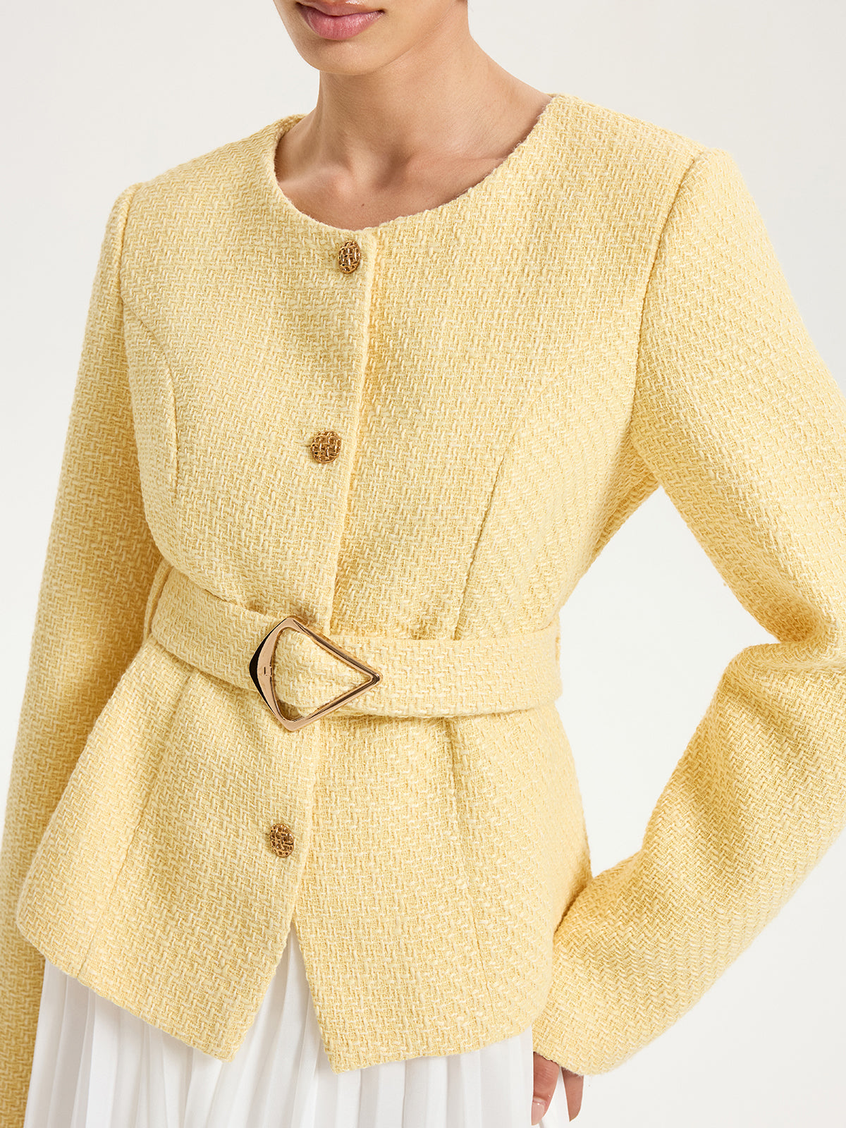 Tweed-Blazer mit Gürtel und Knopfleiste
