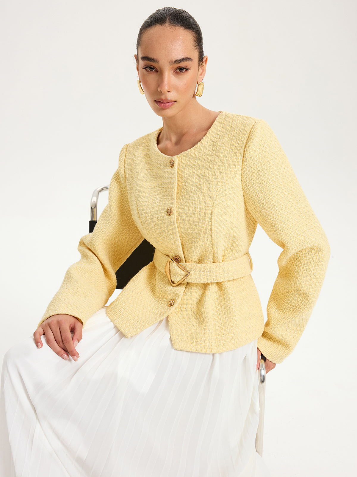 Tweed Belted Button-Front Blazer