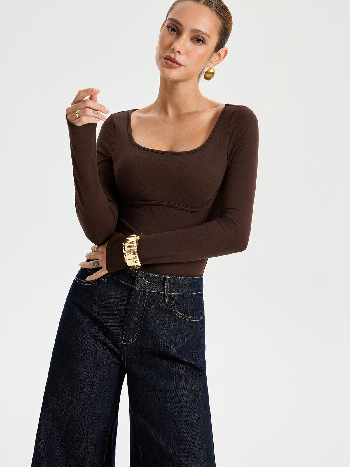 Bodysuit à col carré, sans soutien-gorge intégré