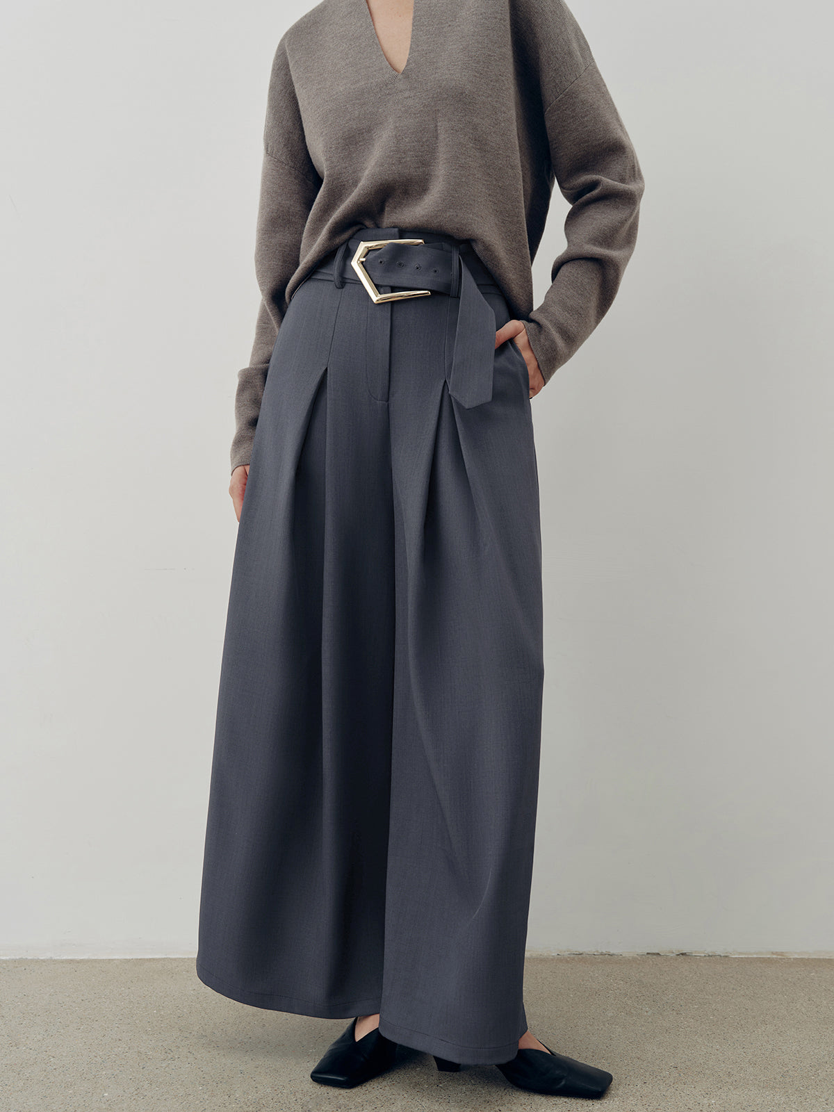 Belted Casual High-Waisted Wide-Leg Pants