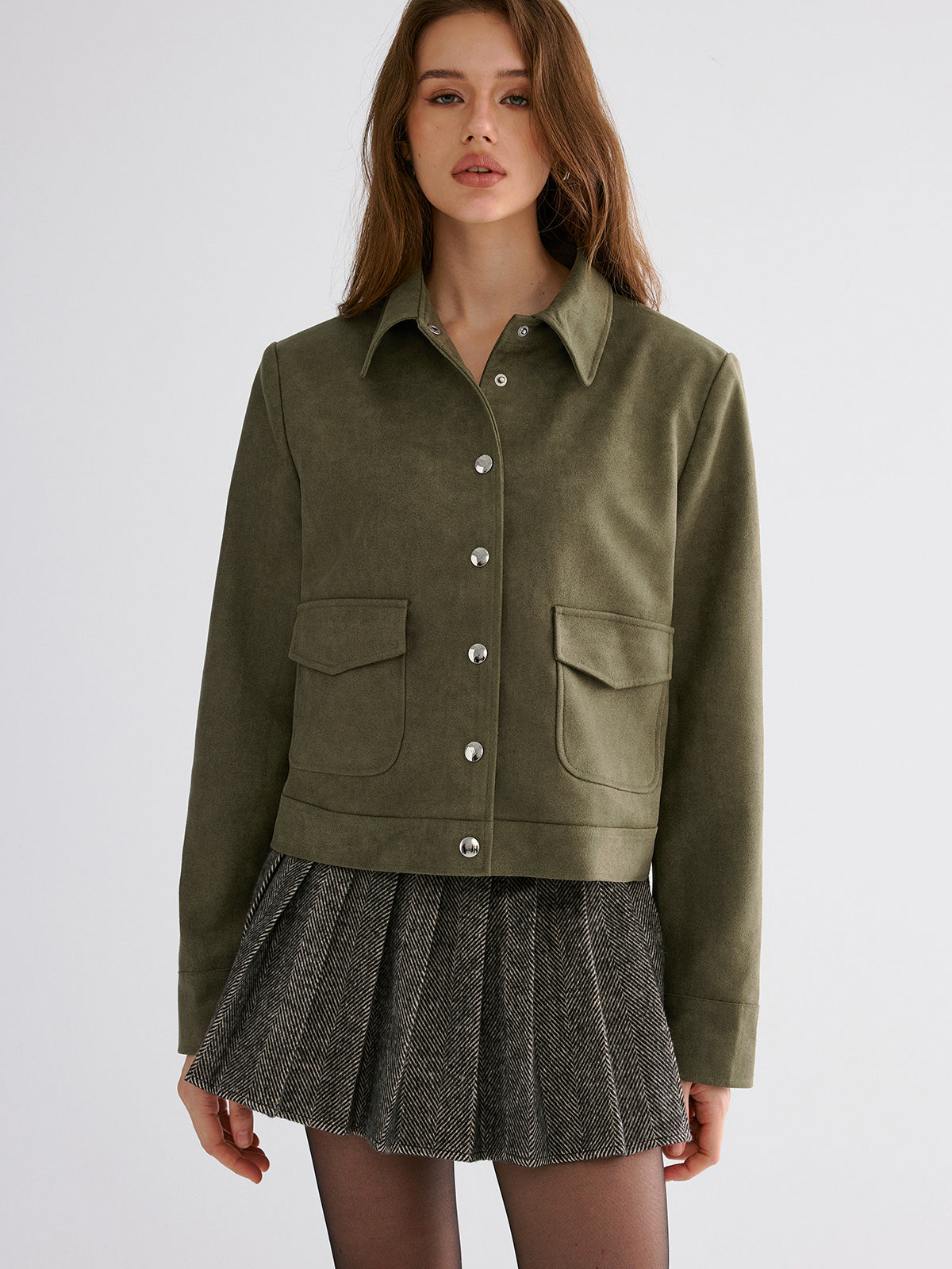 Wildlederimitat-Jacke mit Revers und Knöpfen