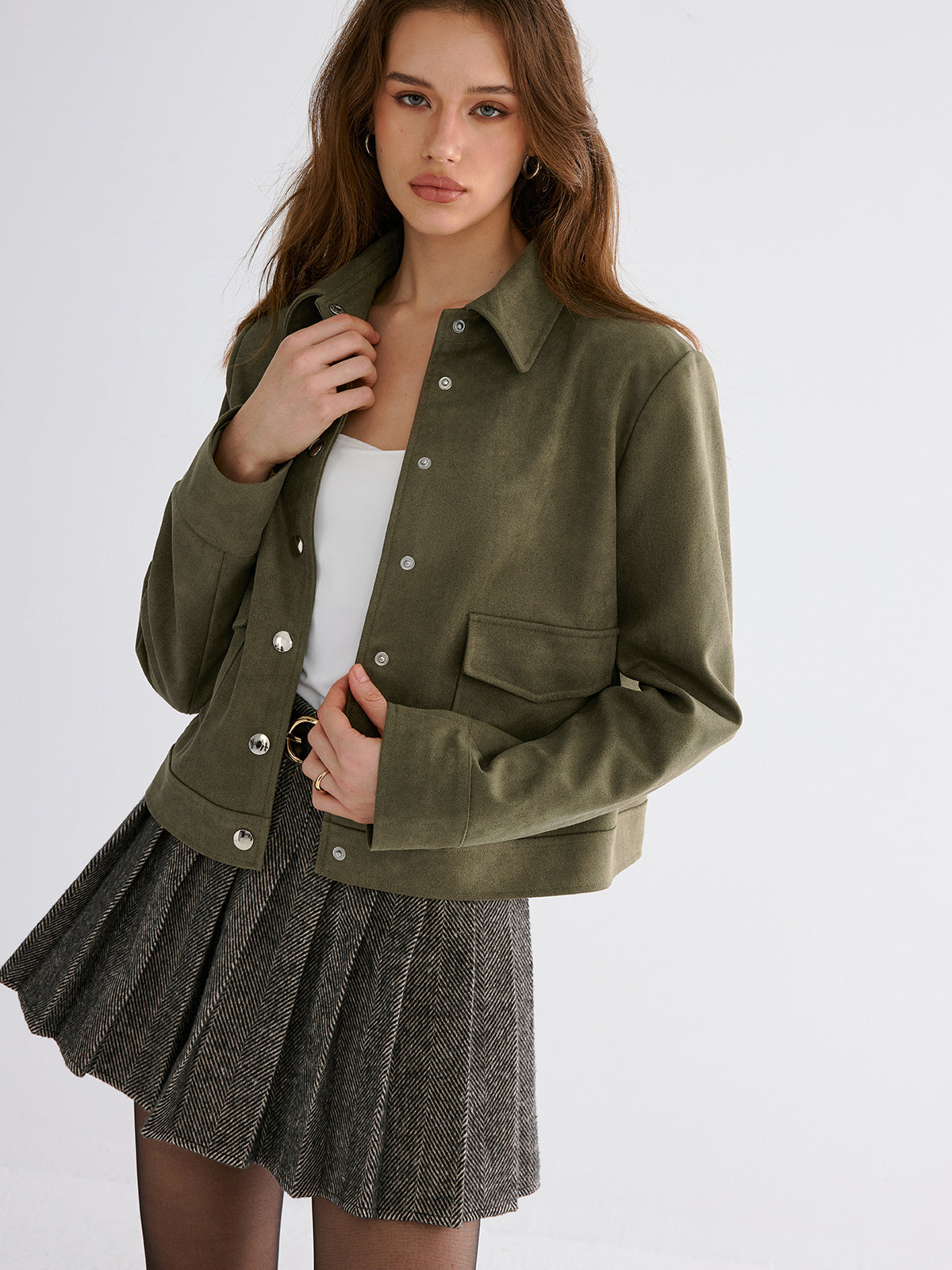 Wildlederimitat-Jacke mit Revers und Knöpfen