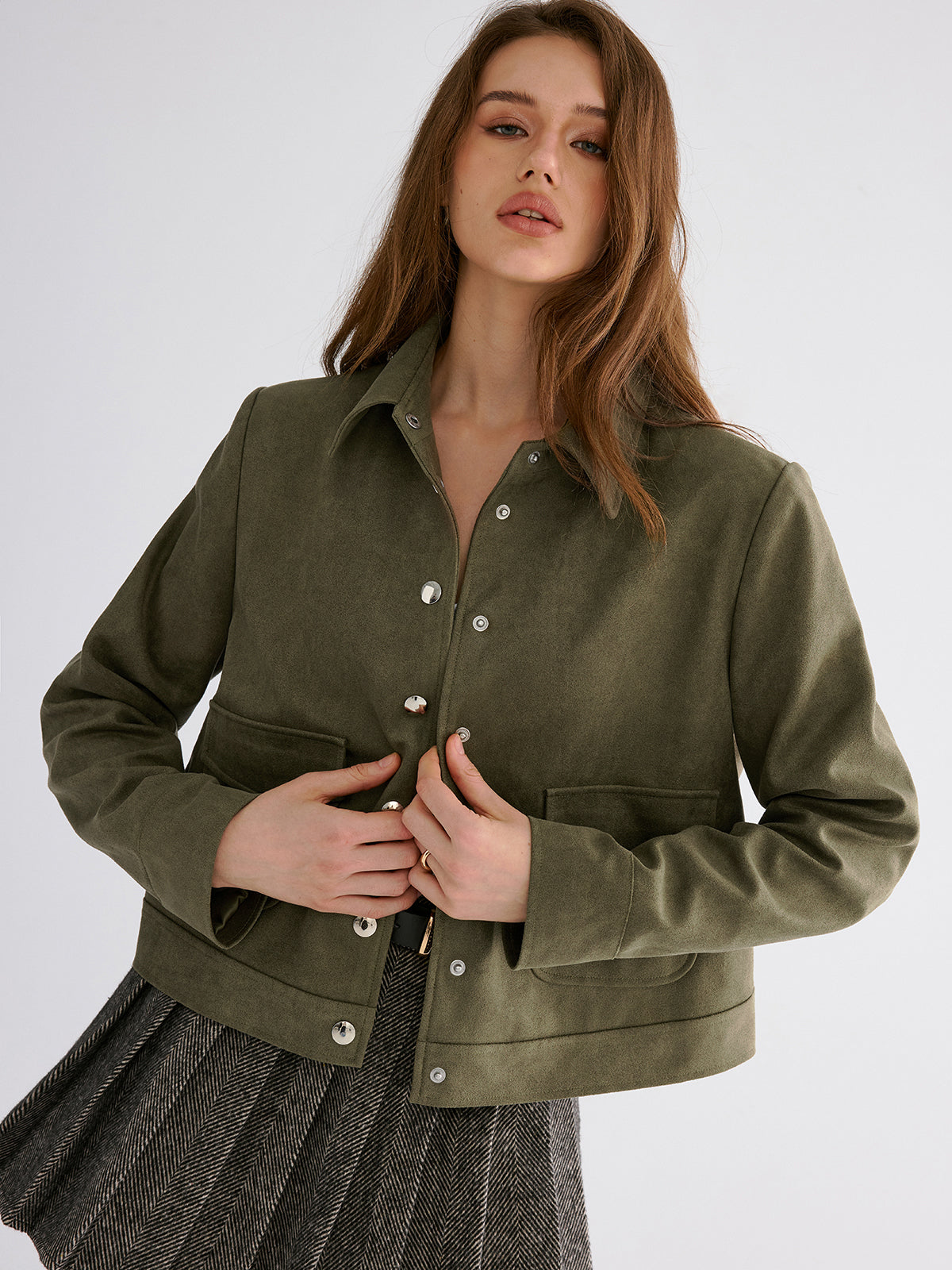 Wildlederimitat-Jacke mit Revers und Knöpfen