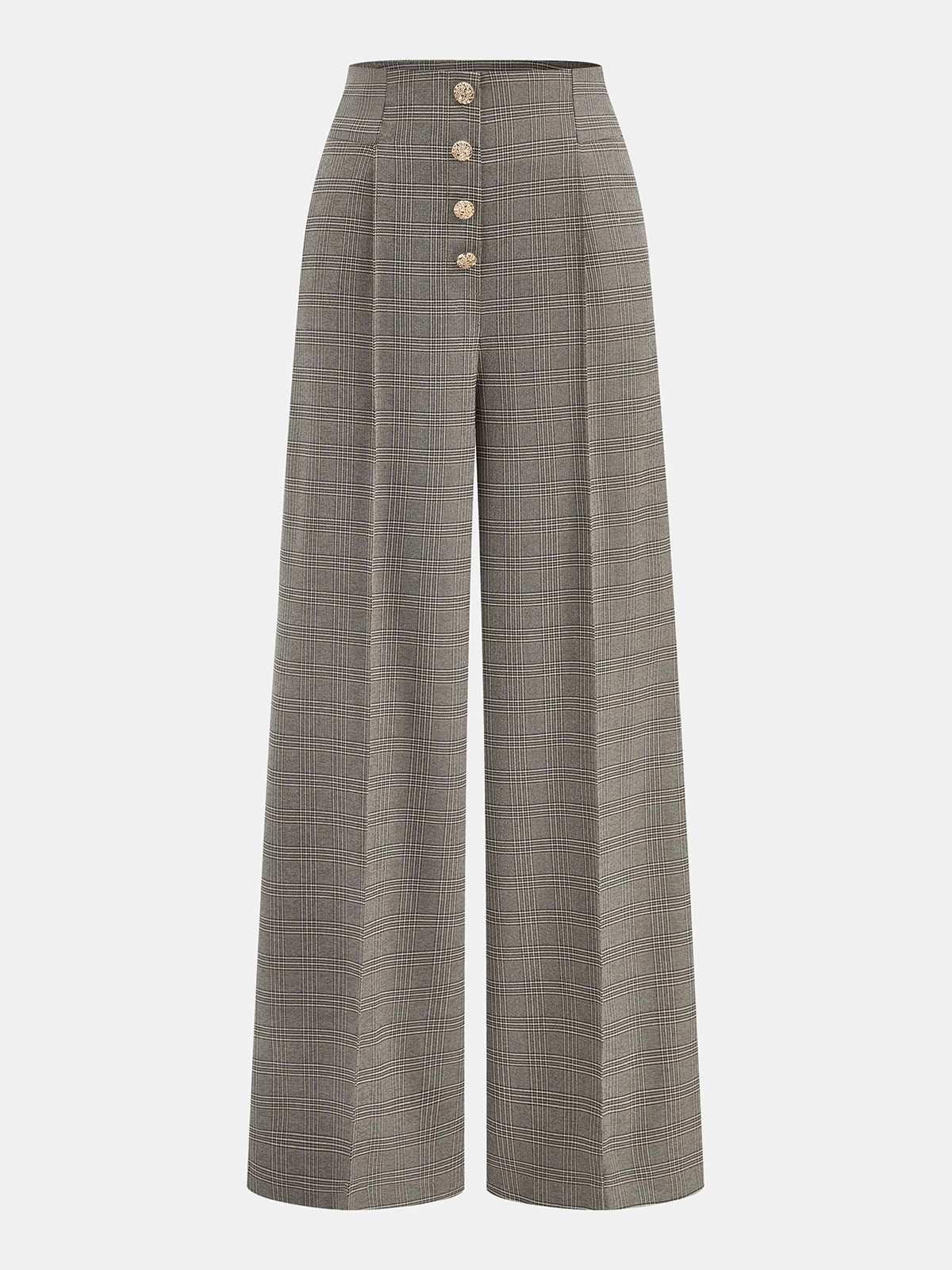 High-Waist Button Detail Plaid Wide-Leg Pants
