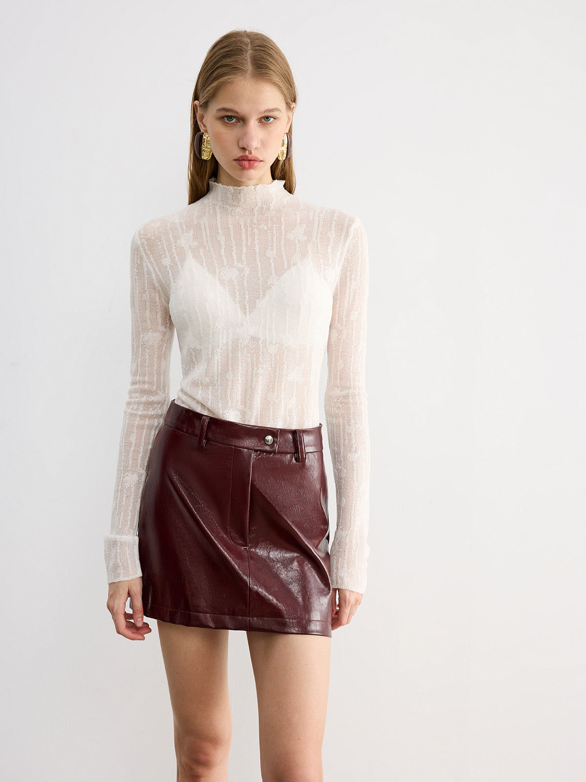 Wool Semi-Sheer Mock Neck Lace Top