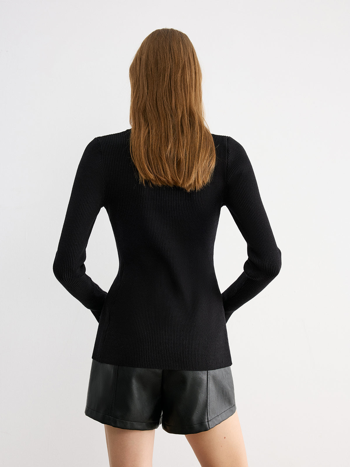 Button-Front Long-Sleeve Rib-Knit Top