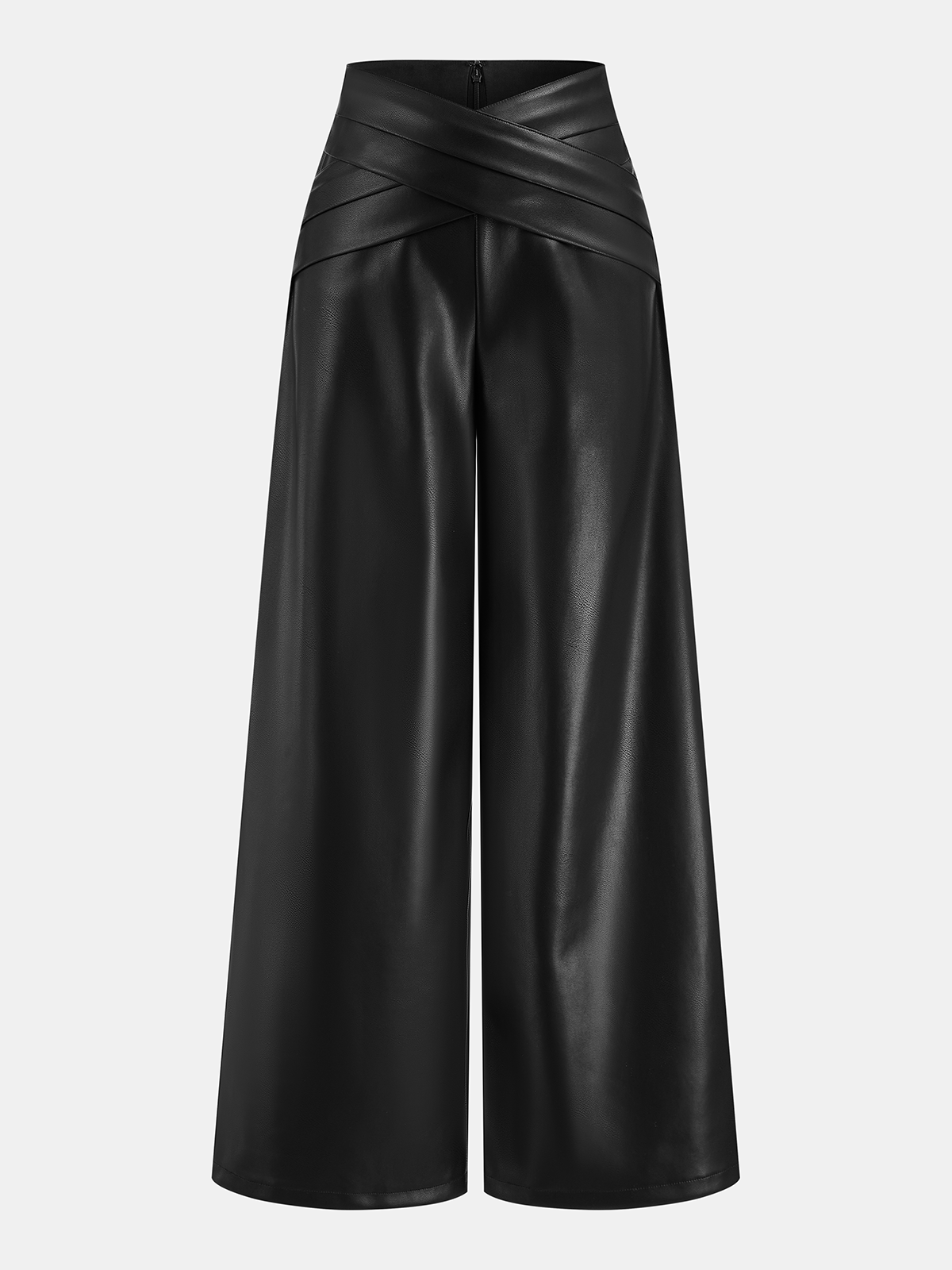 Cross Waistband PU Leather Wide-Leg Pants