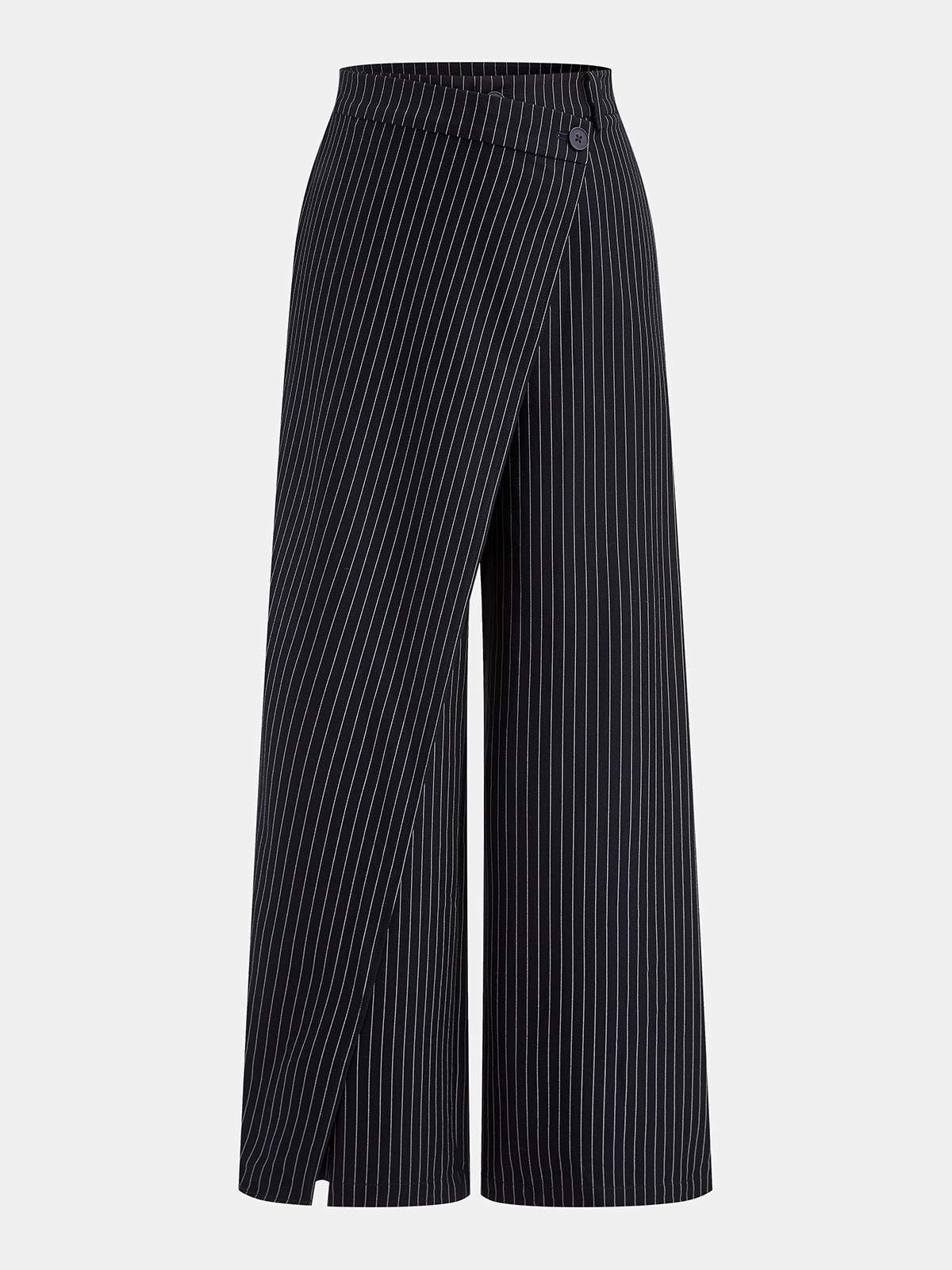 Wide-Leg Pinstriped Asymmetric Placket Pants
