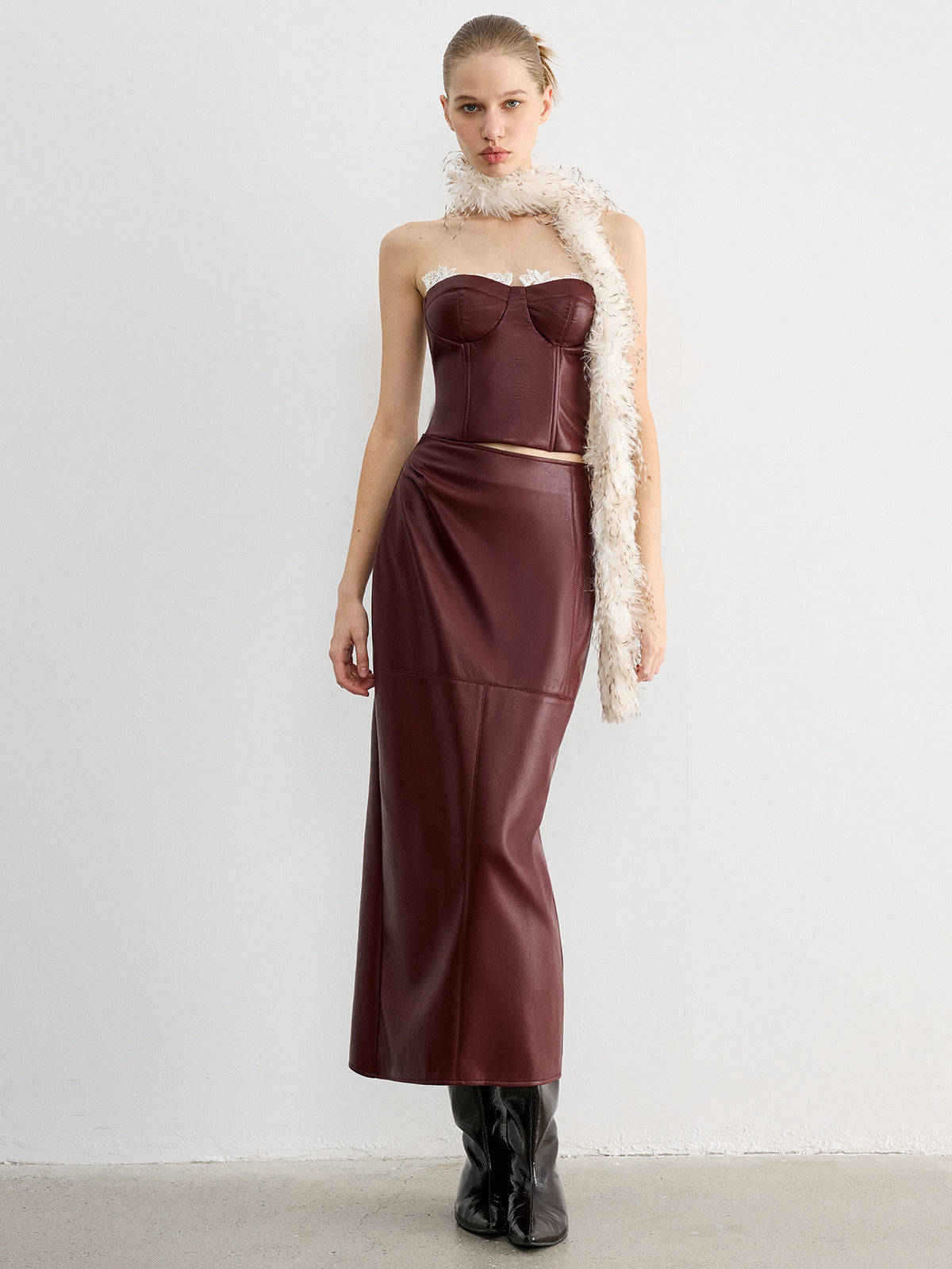 Lace Trim Faux Leather Skirt Set with Removable Straps