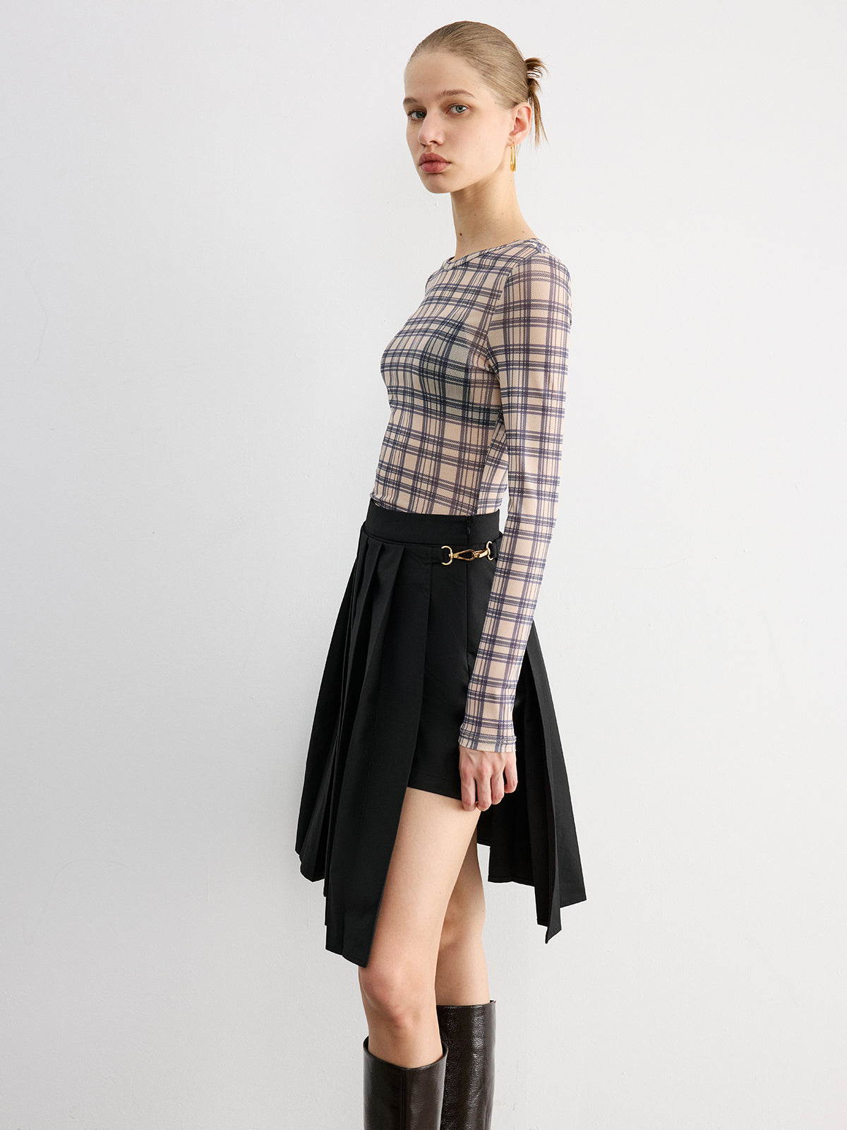 Plaid Sheer Long Sleeve Top