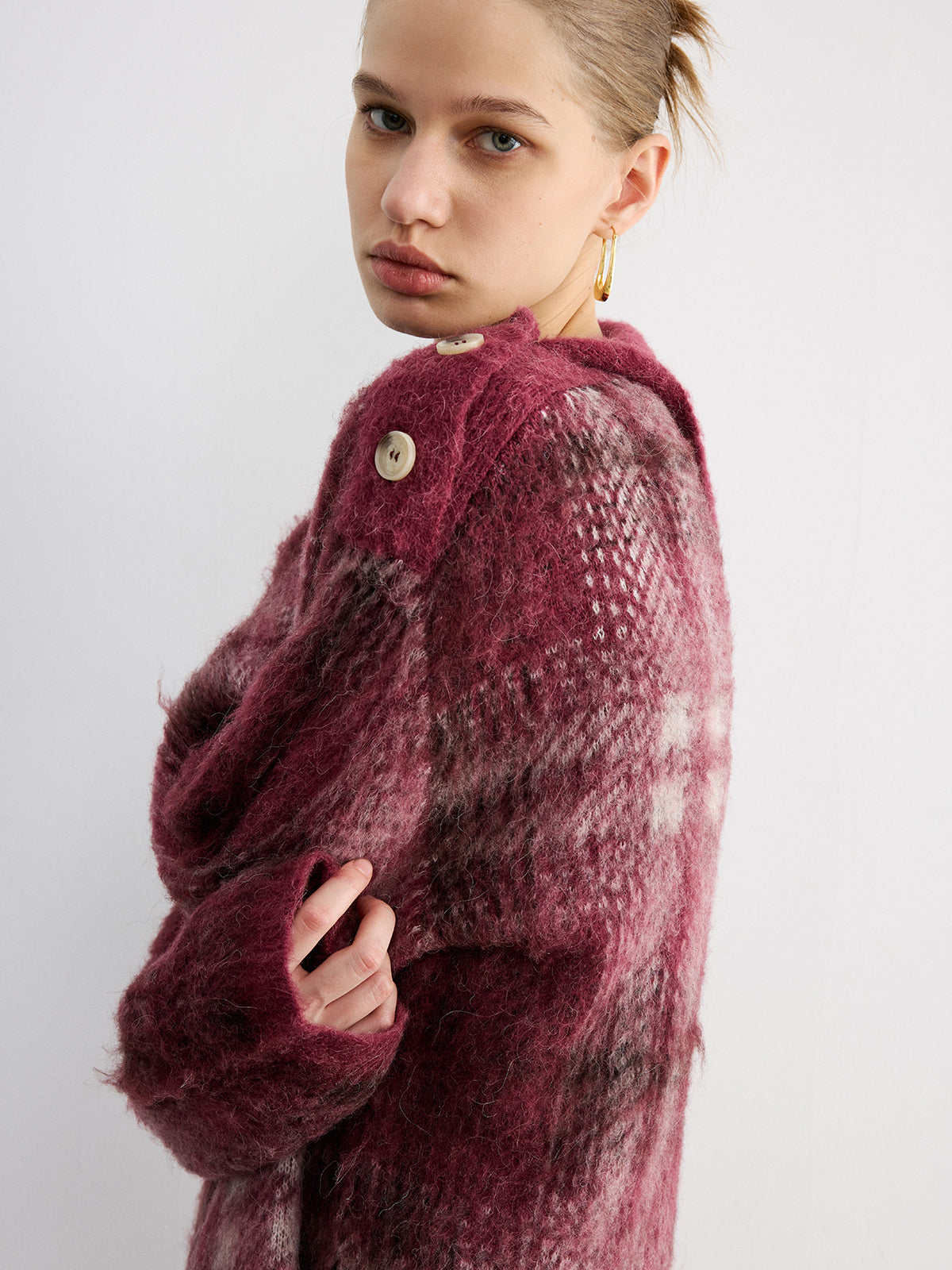 Wool Blend Plaid Asymmetric Collar Buttoned Sweater