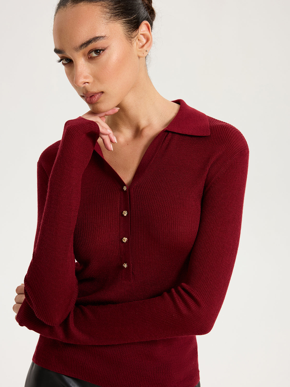 Polo à manches longues en maille boutonnée mélangé de laine
