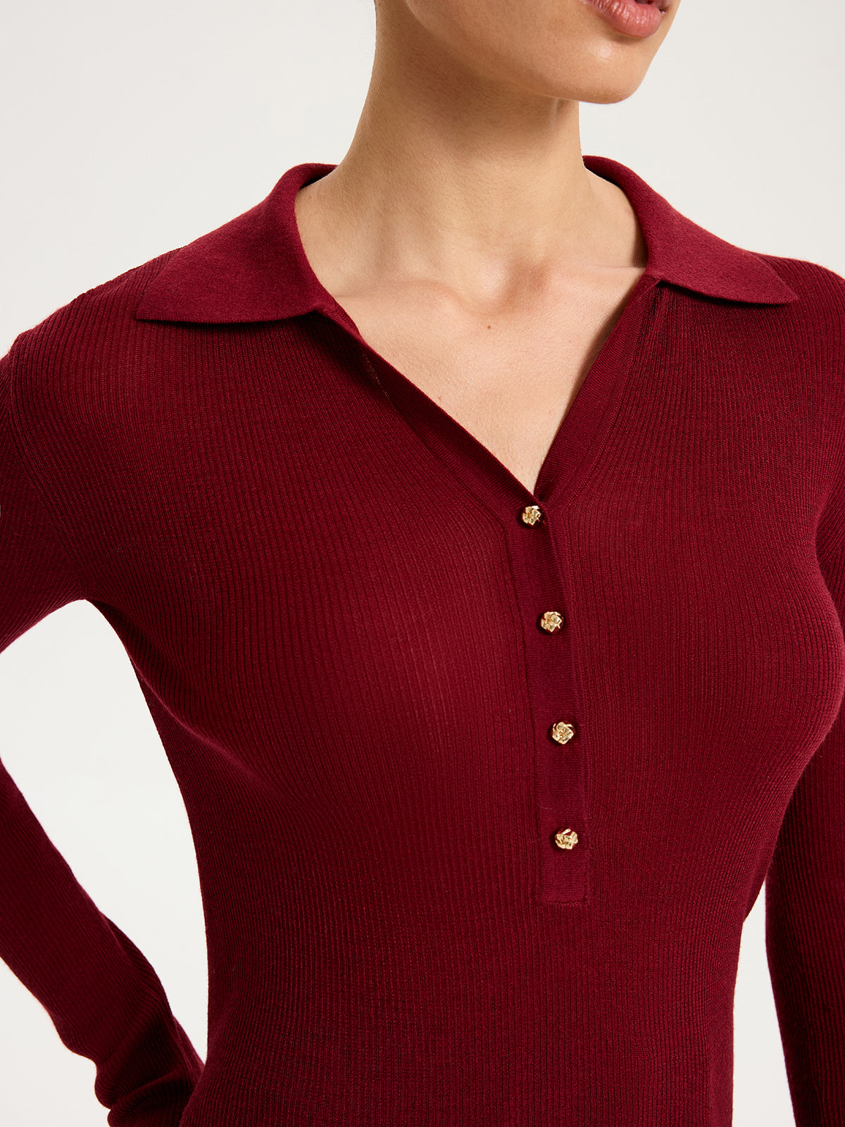 Wool-Blend Buttoned Long Sleeve Polo Knit Top