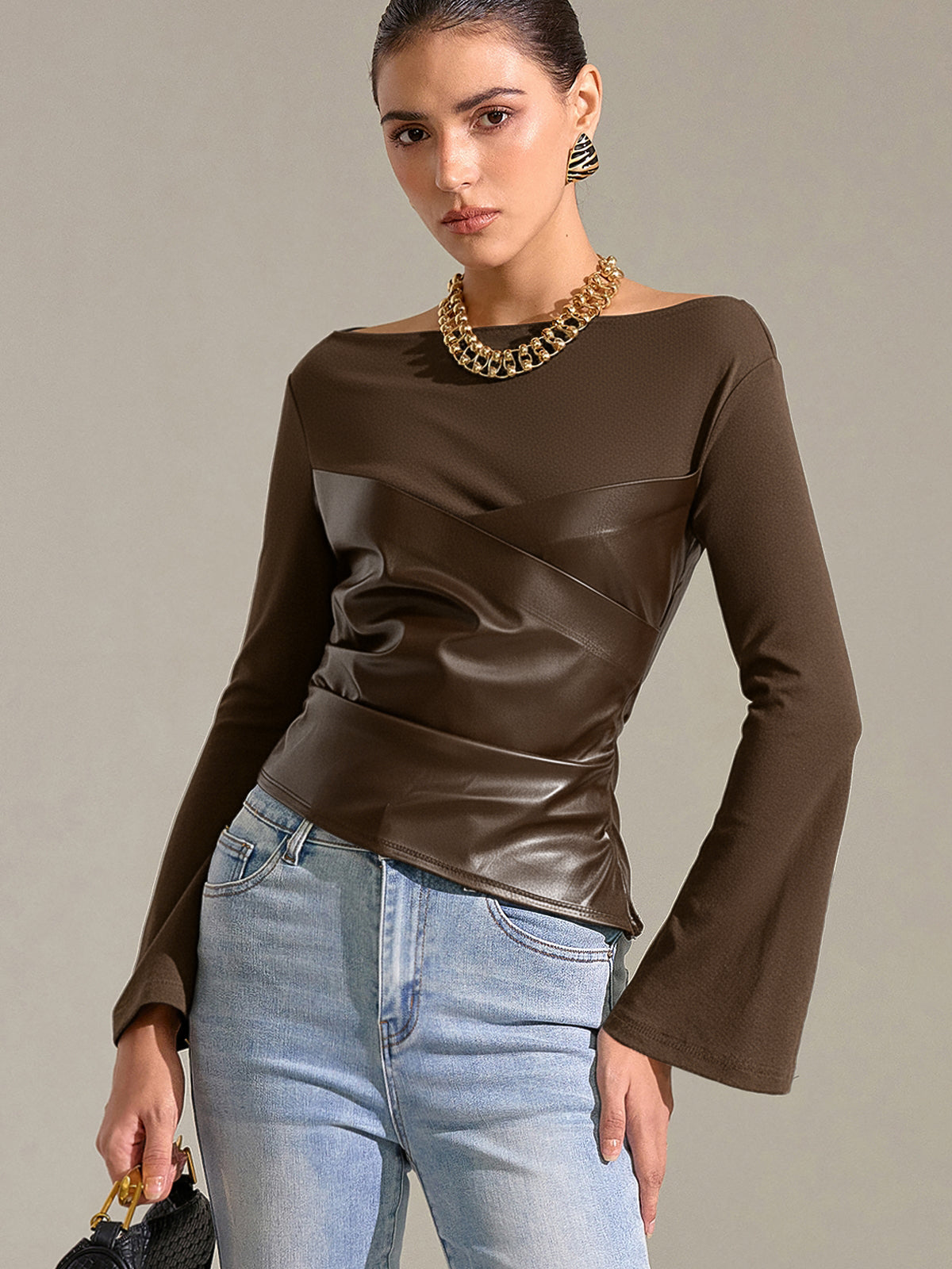 Flared Sleeve Faux Leather Panel Knit Top