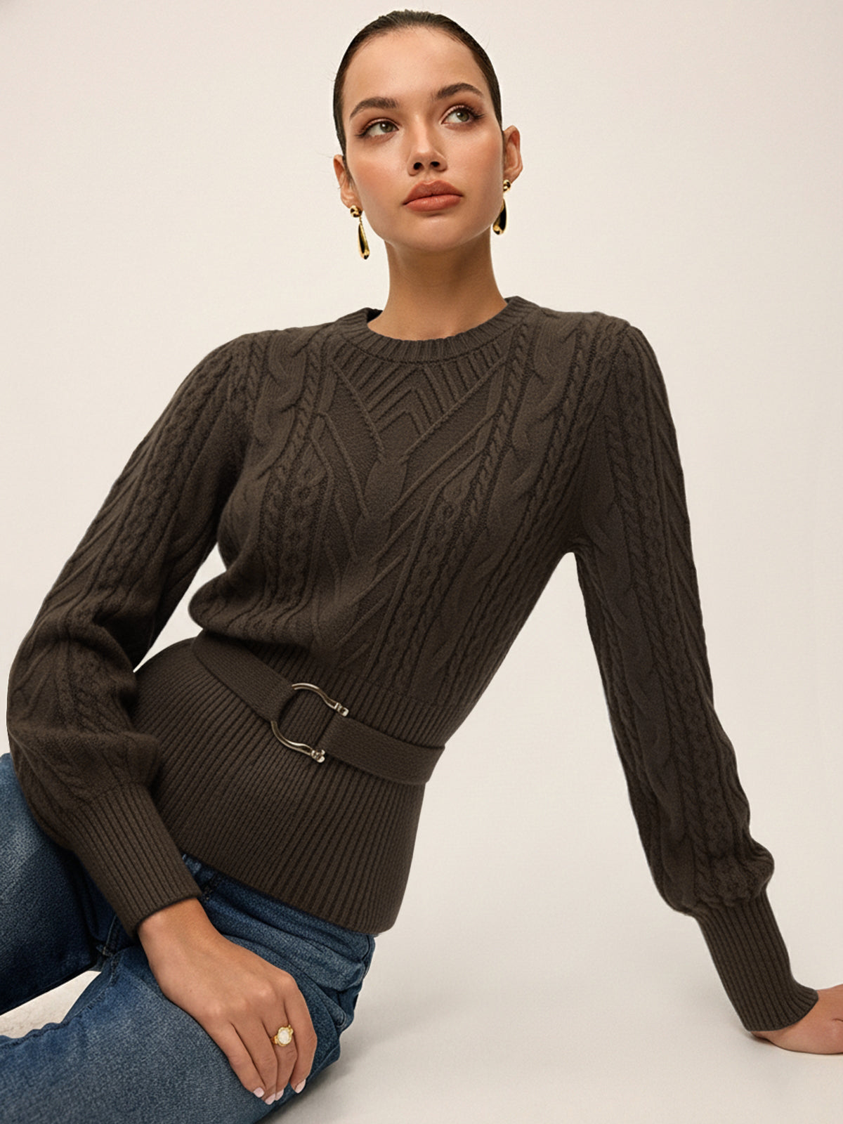 Cinched Waist Belted Cable Knit Top