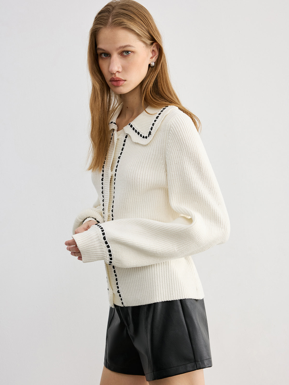 Back Bow Contrast Trim Collared Cardigan