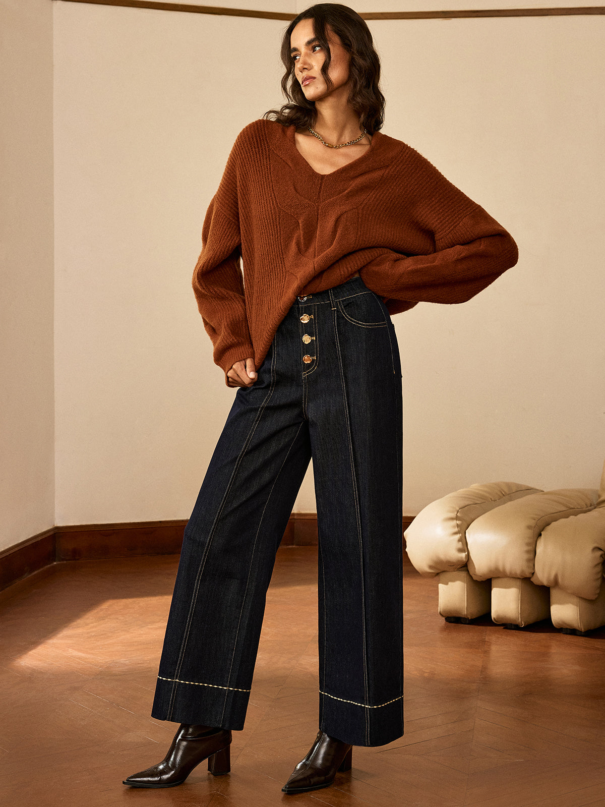 Pantalon en jean taille haute à boutons et jambes larges