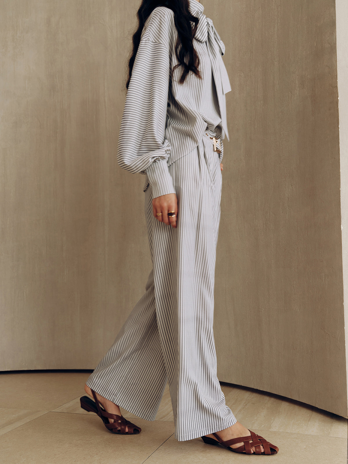 Belted Striped High-Waisted Wide-Leg Pants