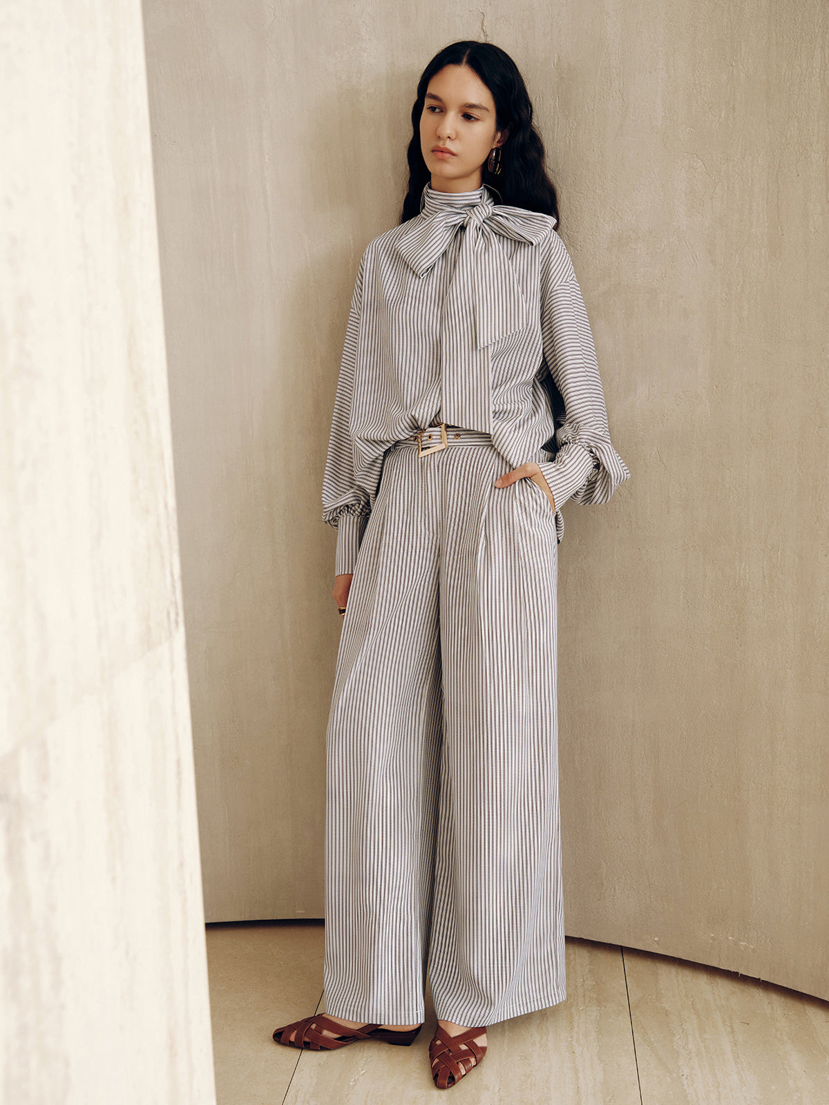 Belted Striped High-Waisted Wide-Leg Pants