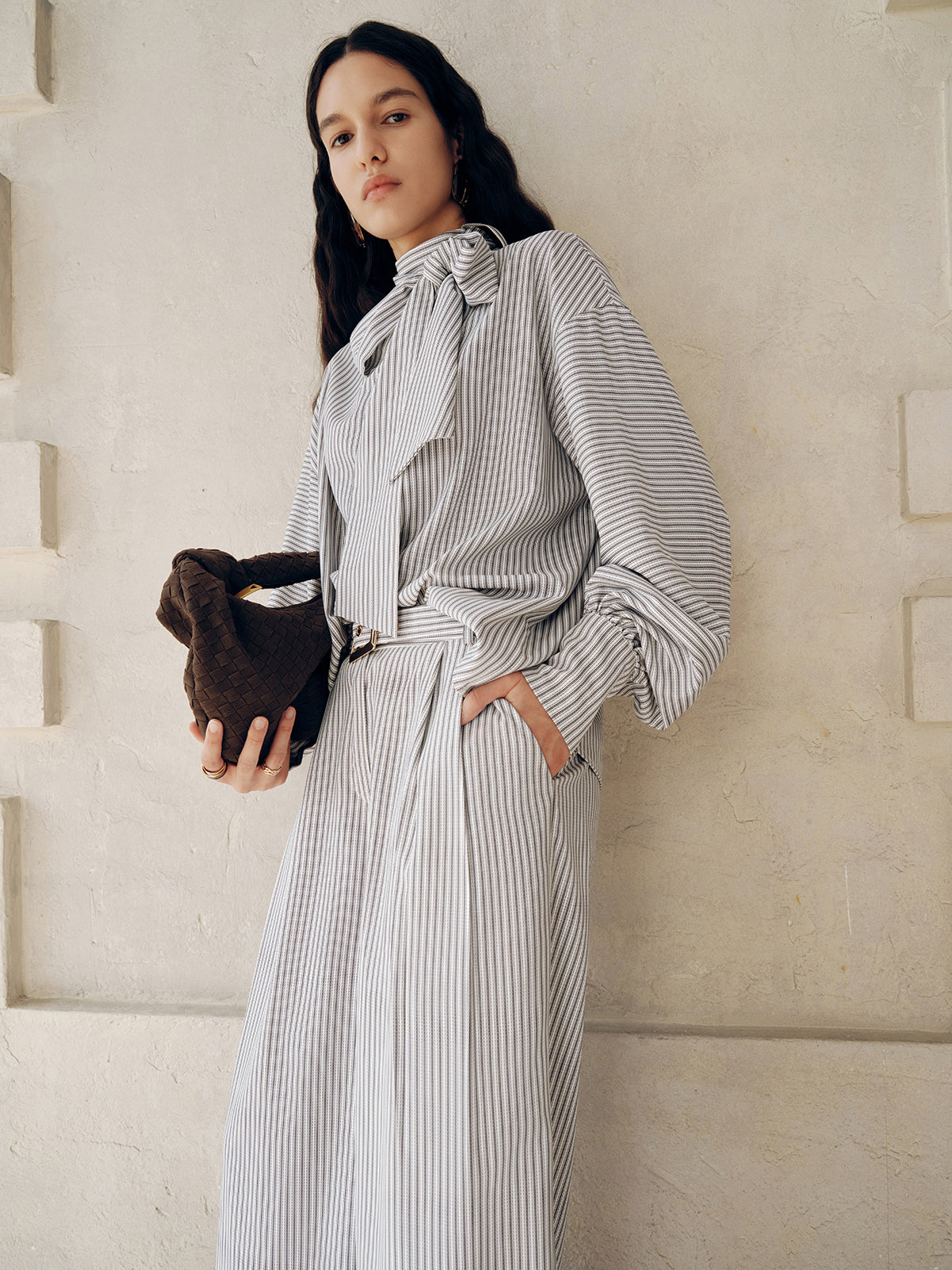 Belted Striped High-Waisted Wide-Leg Pants