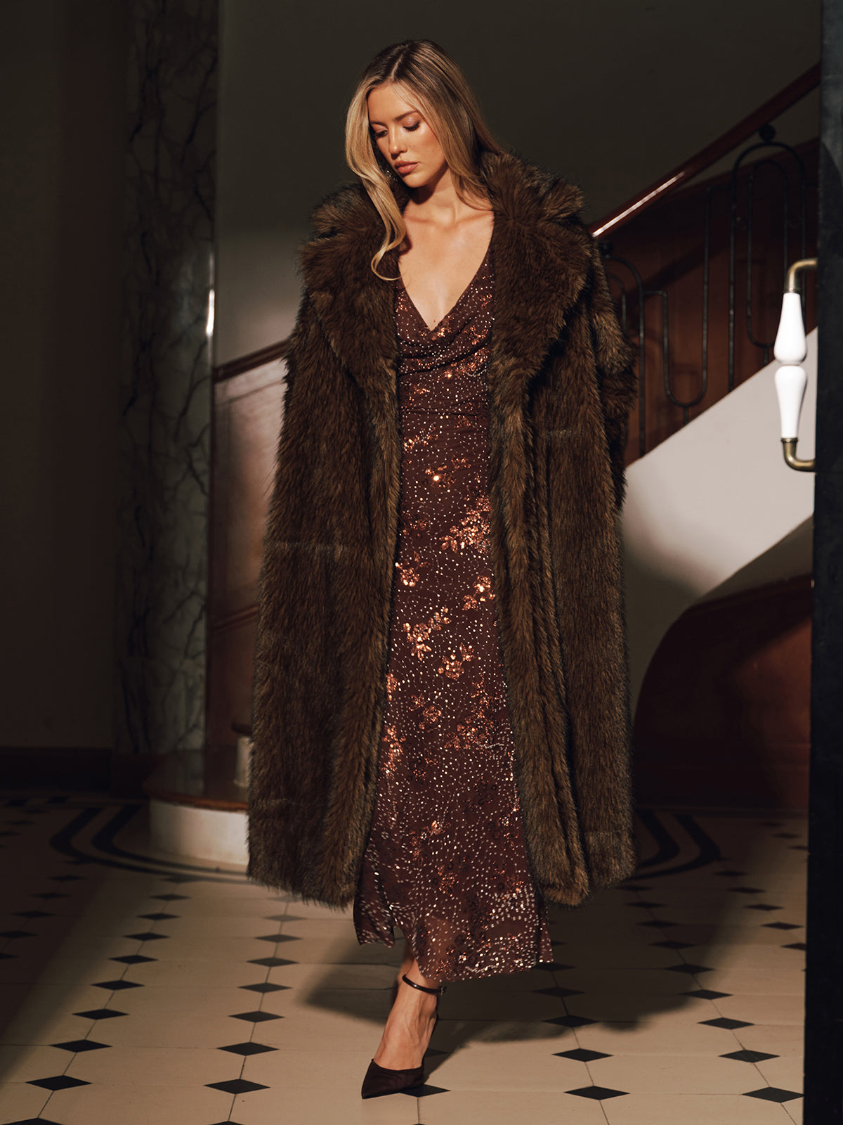 Lapel Faux Fur Longline Coat without Belt