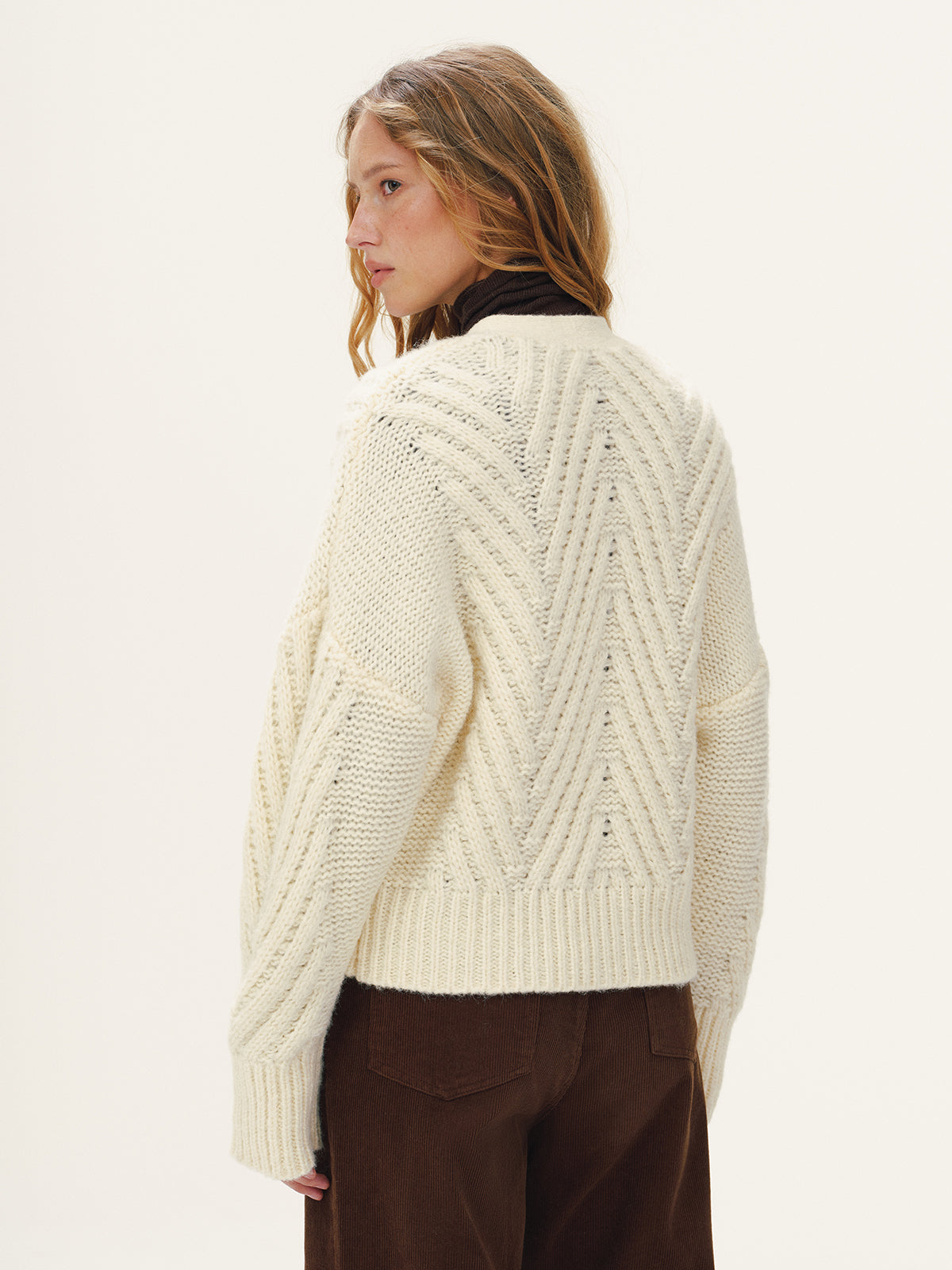 Wool Blend Cable Knit V-Neck Button Cardigan