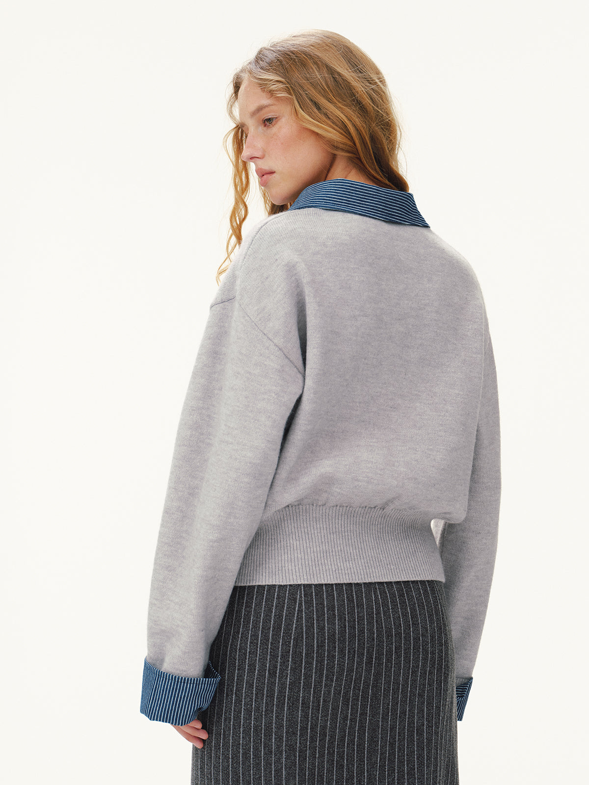 Gestreifter Denim-Panel-Polopullover