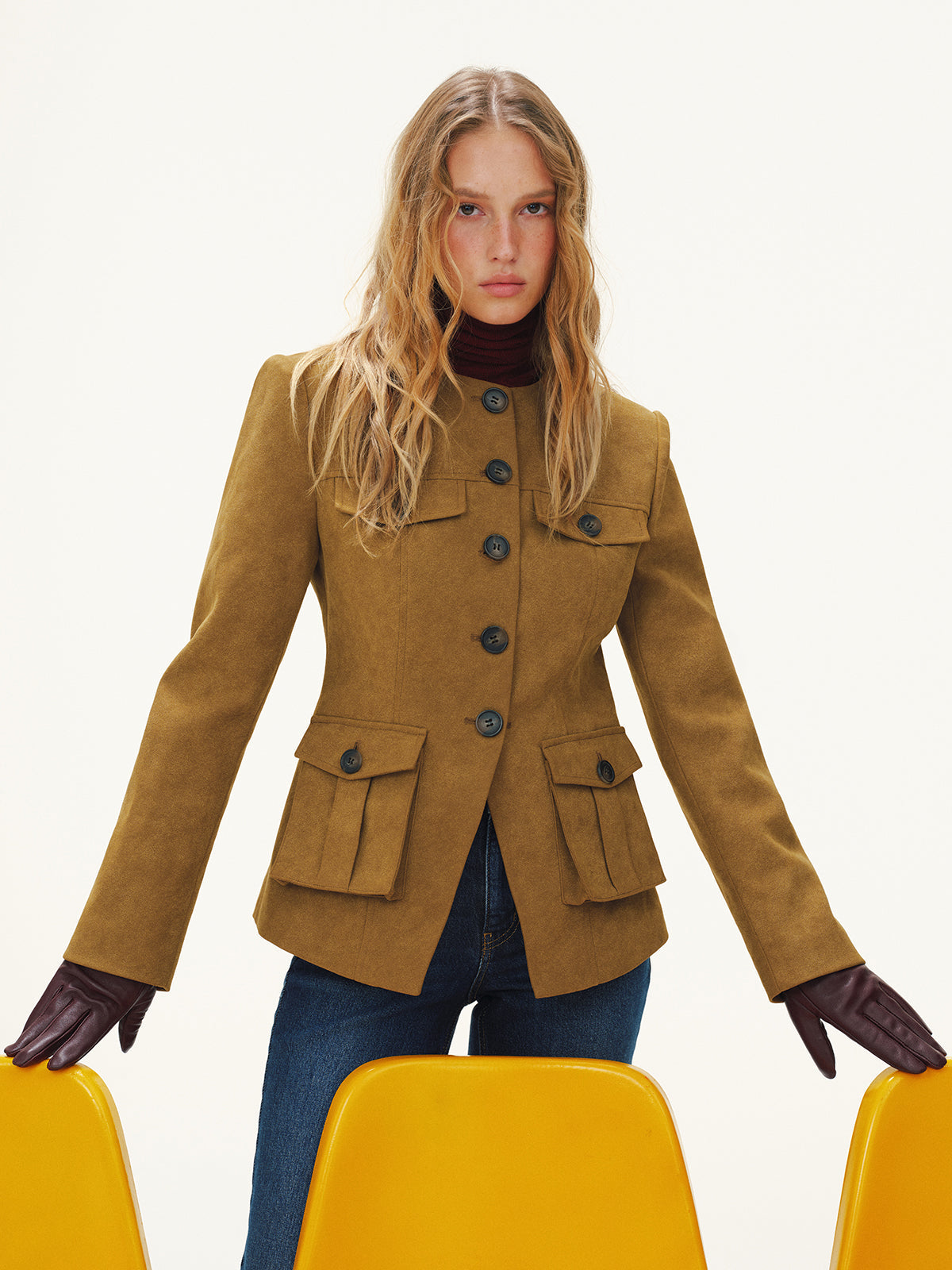 Button-Front Suede-Effect Blazer