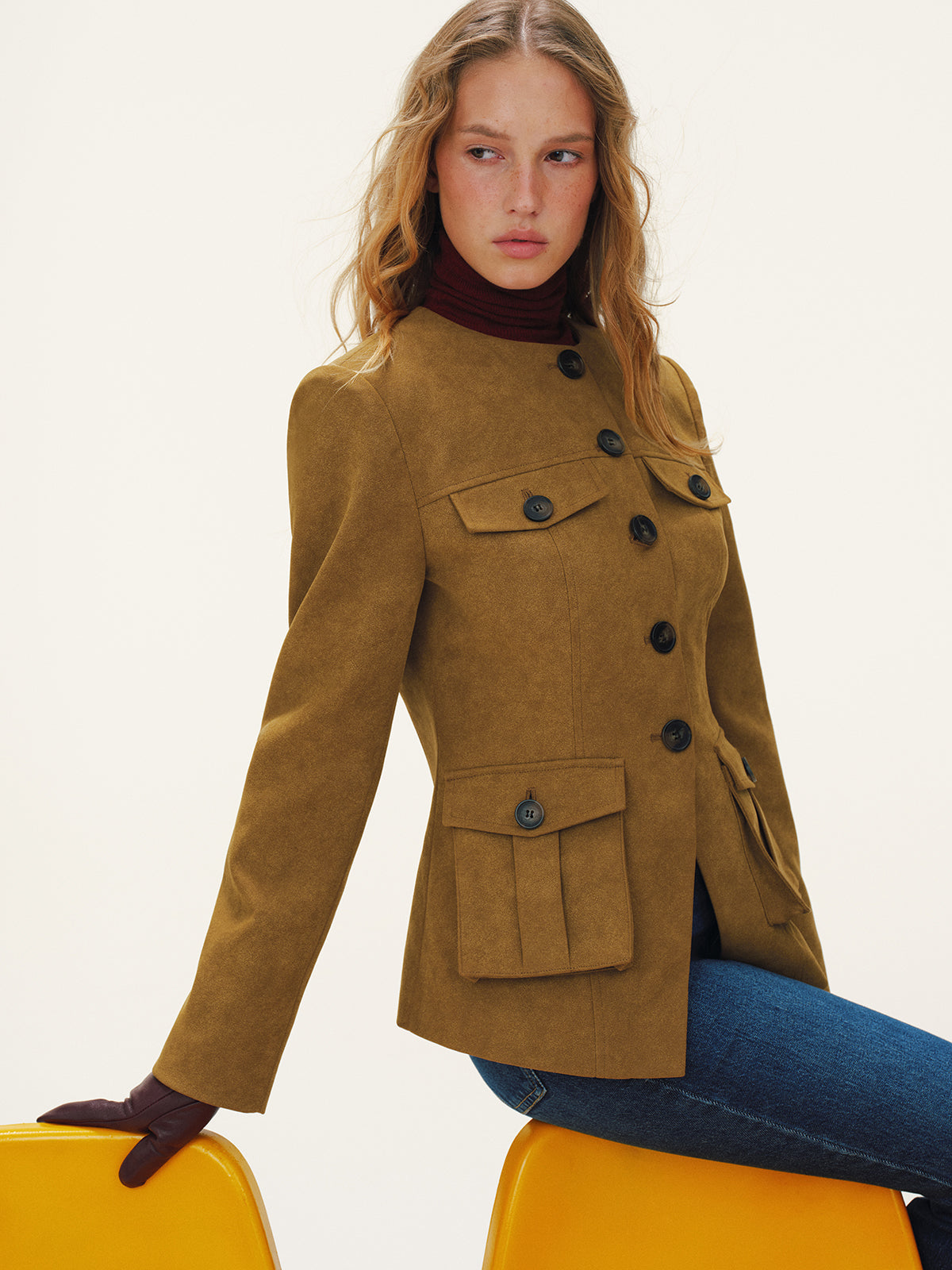 Button-Front Suede-Effect Blazer