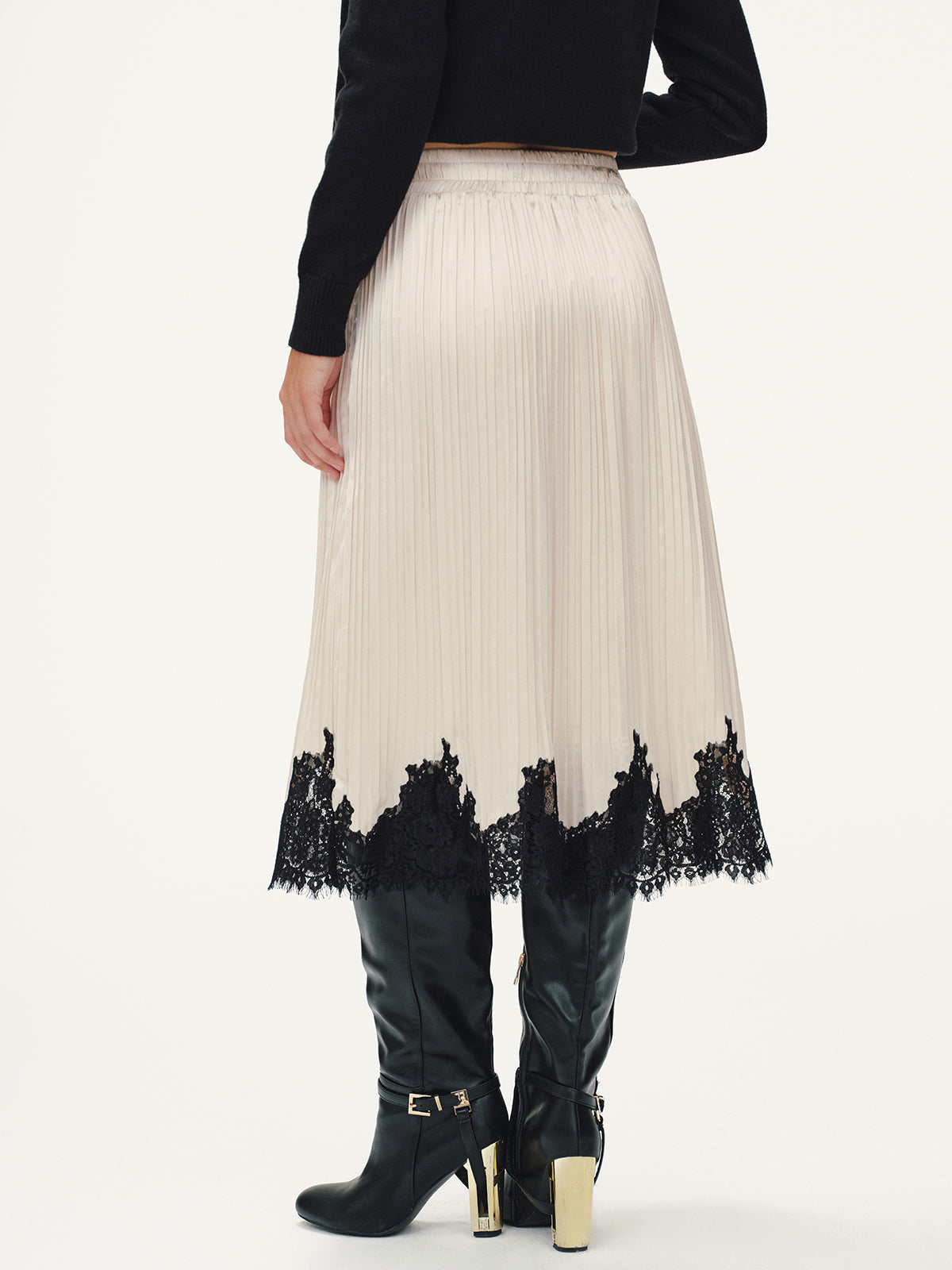 Lace Hem Pleated Midi Skirt