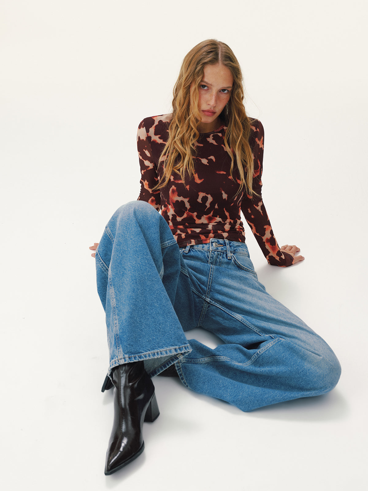 Leopard Print Mesh Fitted Long-Sleeve Top