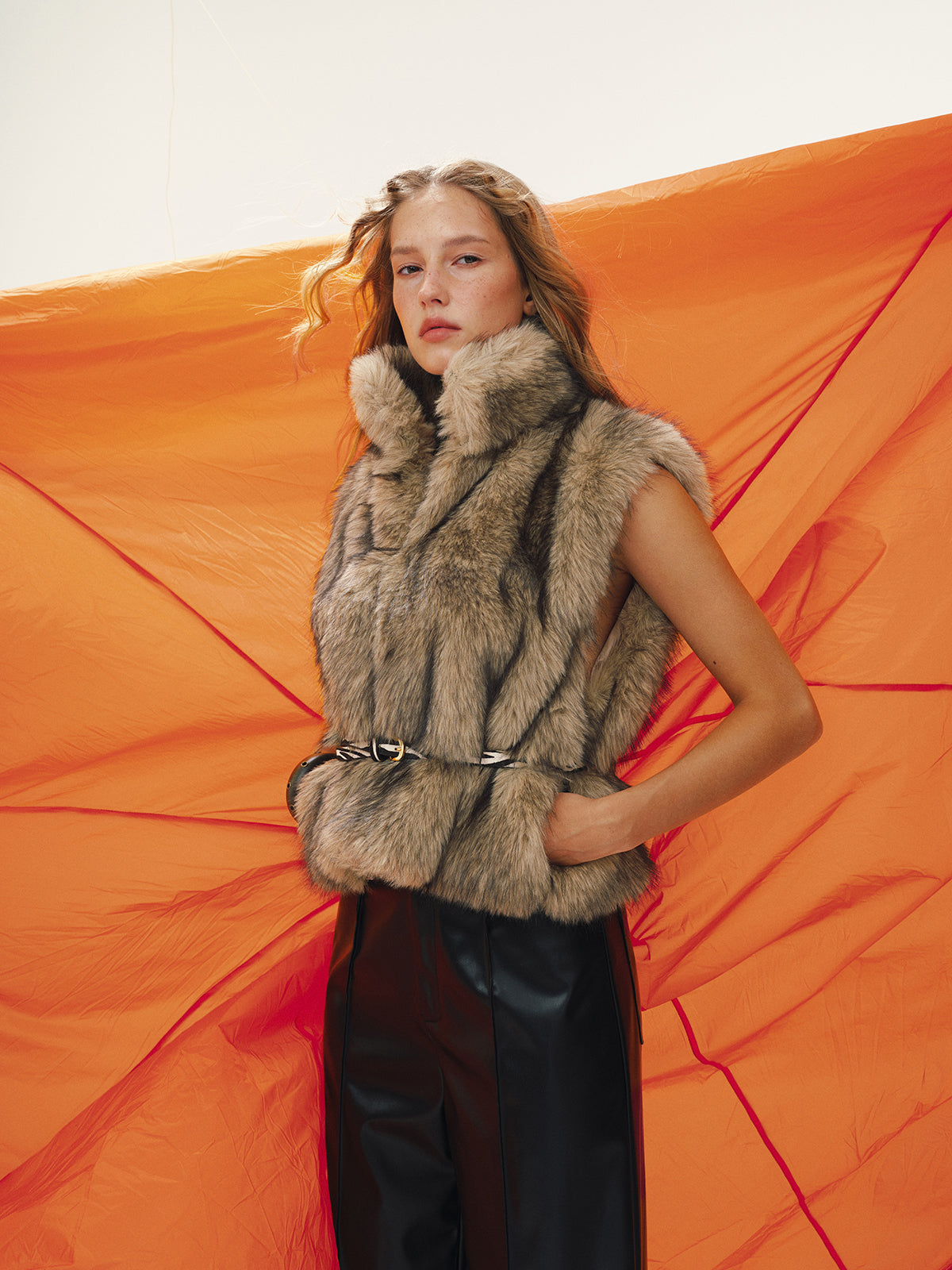 Faux Fur Sleeveless Vest without Belt