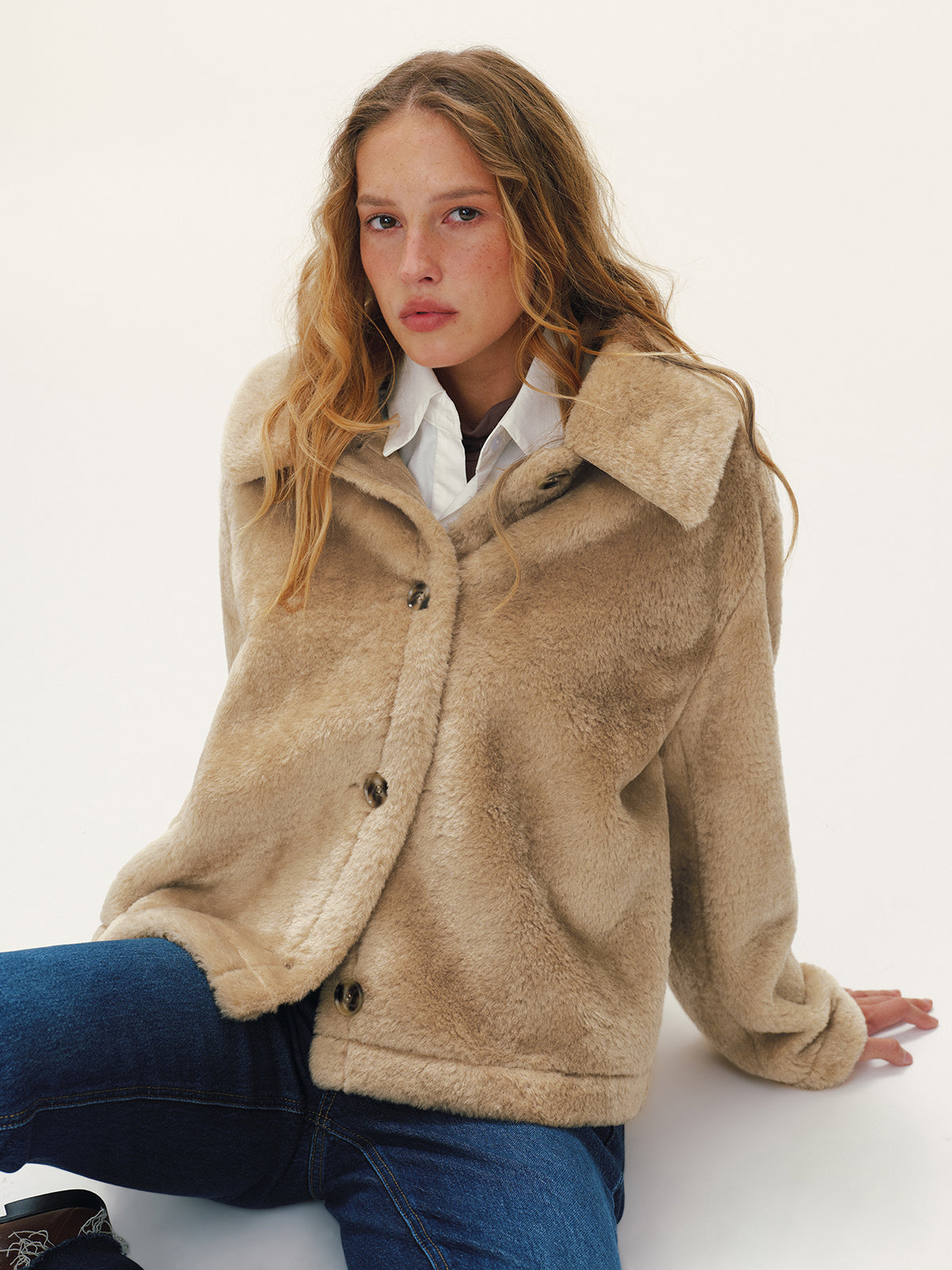 Collared Buttoned Faux Fur Coat