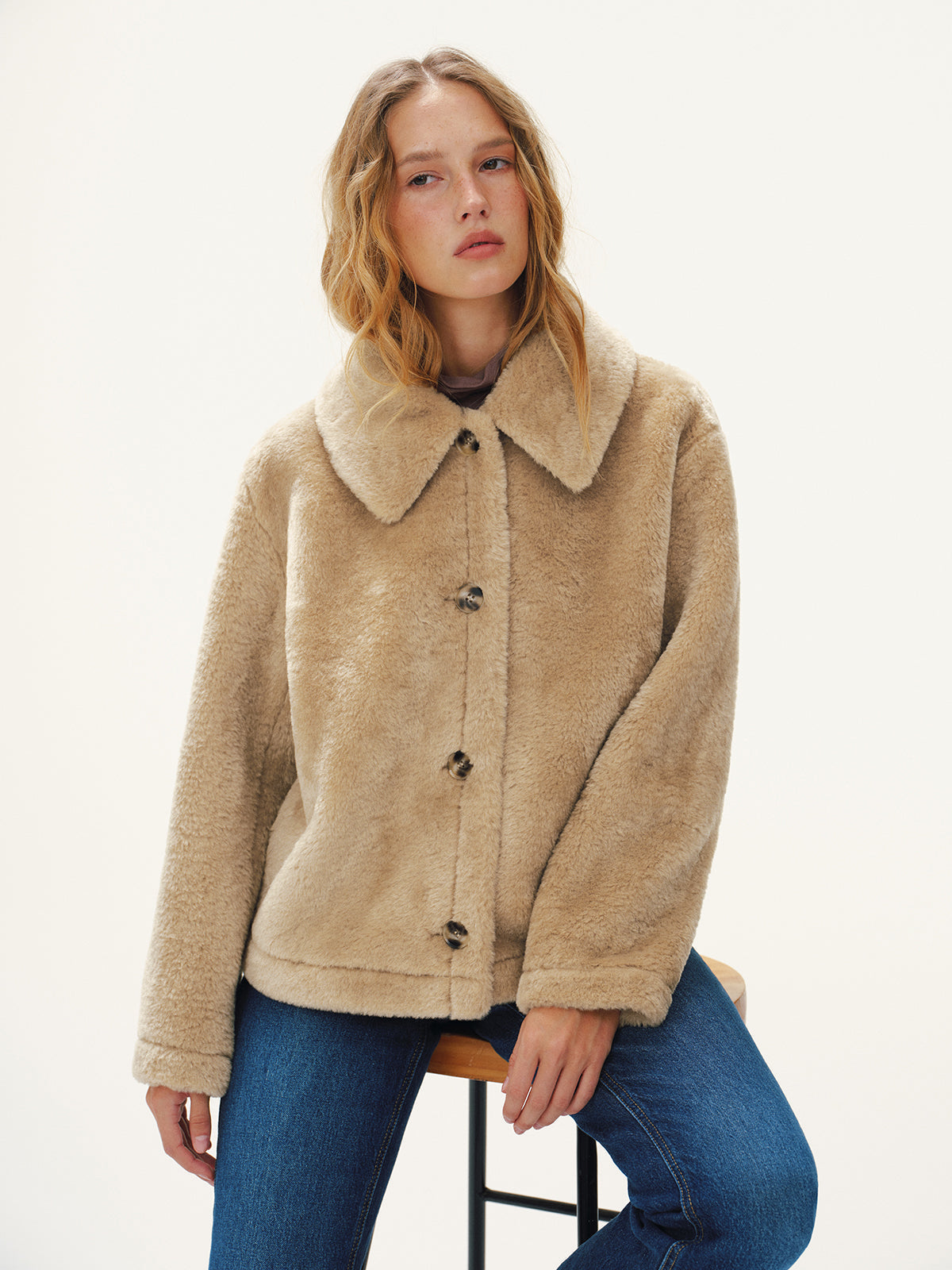 Collared Buttoned Faux Fur Coat