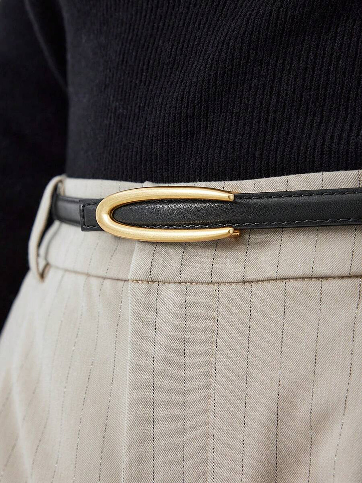 Gold Oval Buckle PU Leather Thin Belt